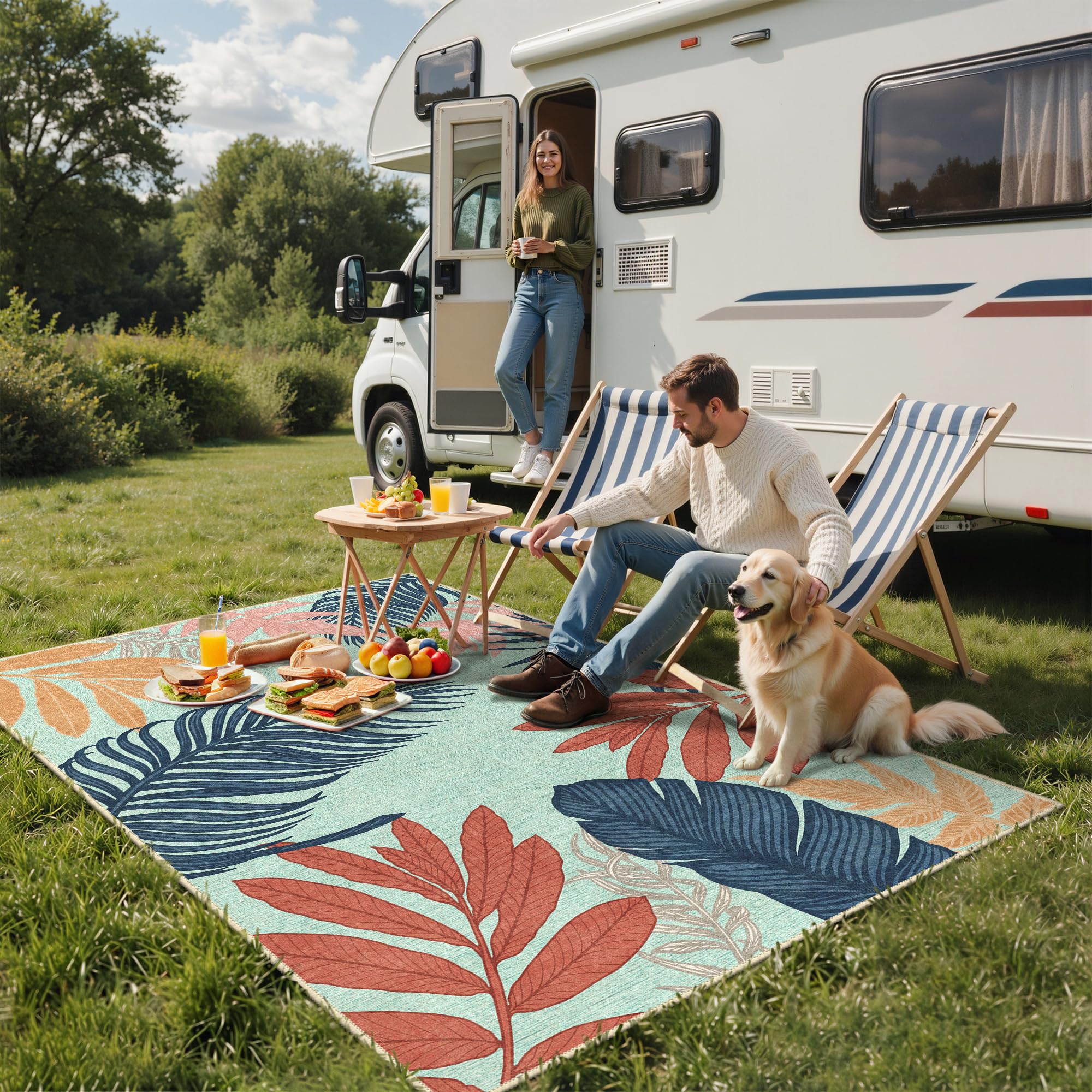 GENIMO 5x8 Outdoor Rug Navy Sage on patio