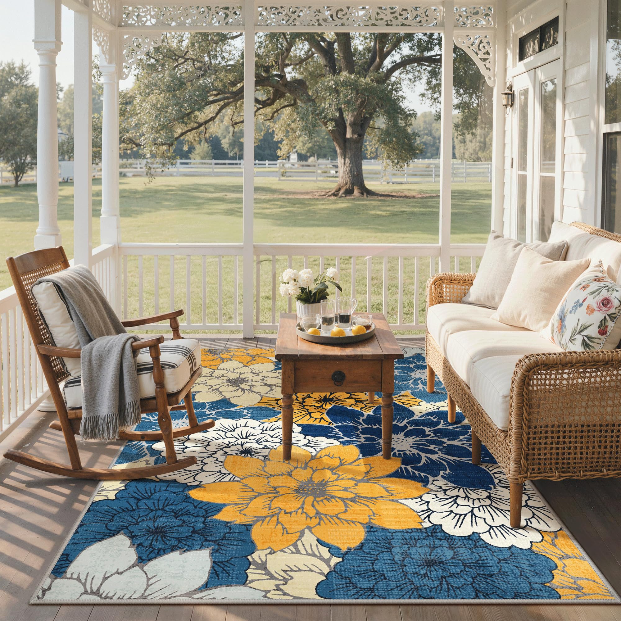 GENIMO 5x8 Outdoor Rug on deck with furniture