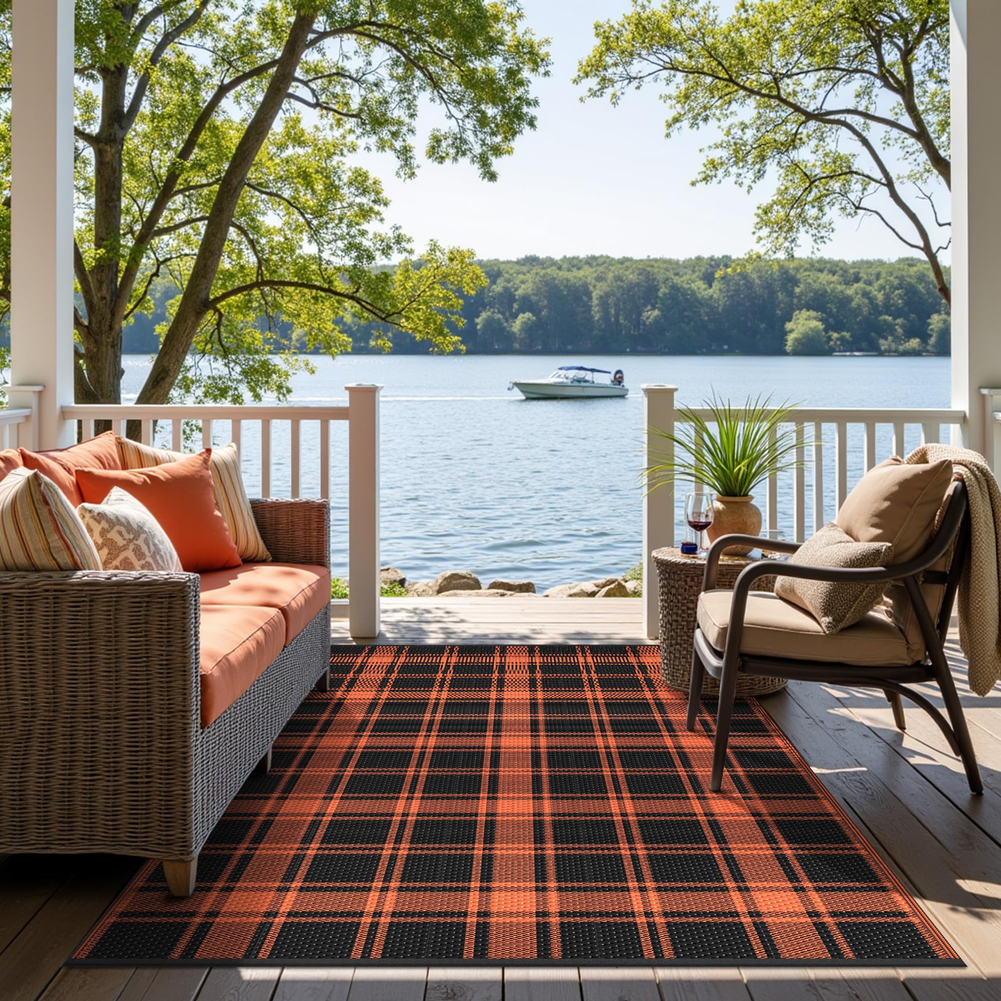 GENIMO 6'x9' outdoor rug displayed in garden setting