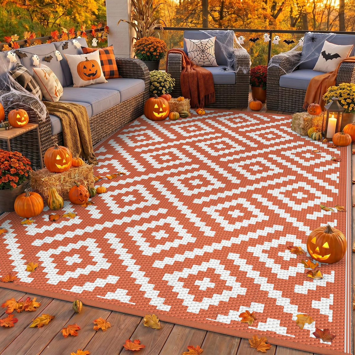 GENIMO 6'x9' Outdoor Rug front view with geometric patterns in orange and white