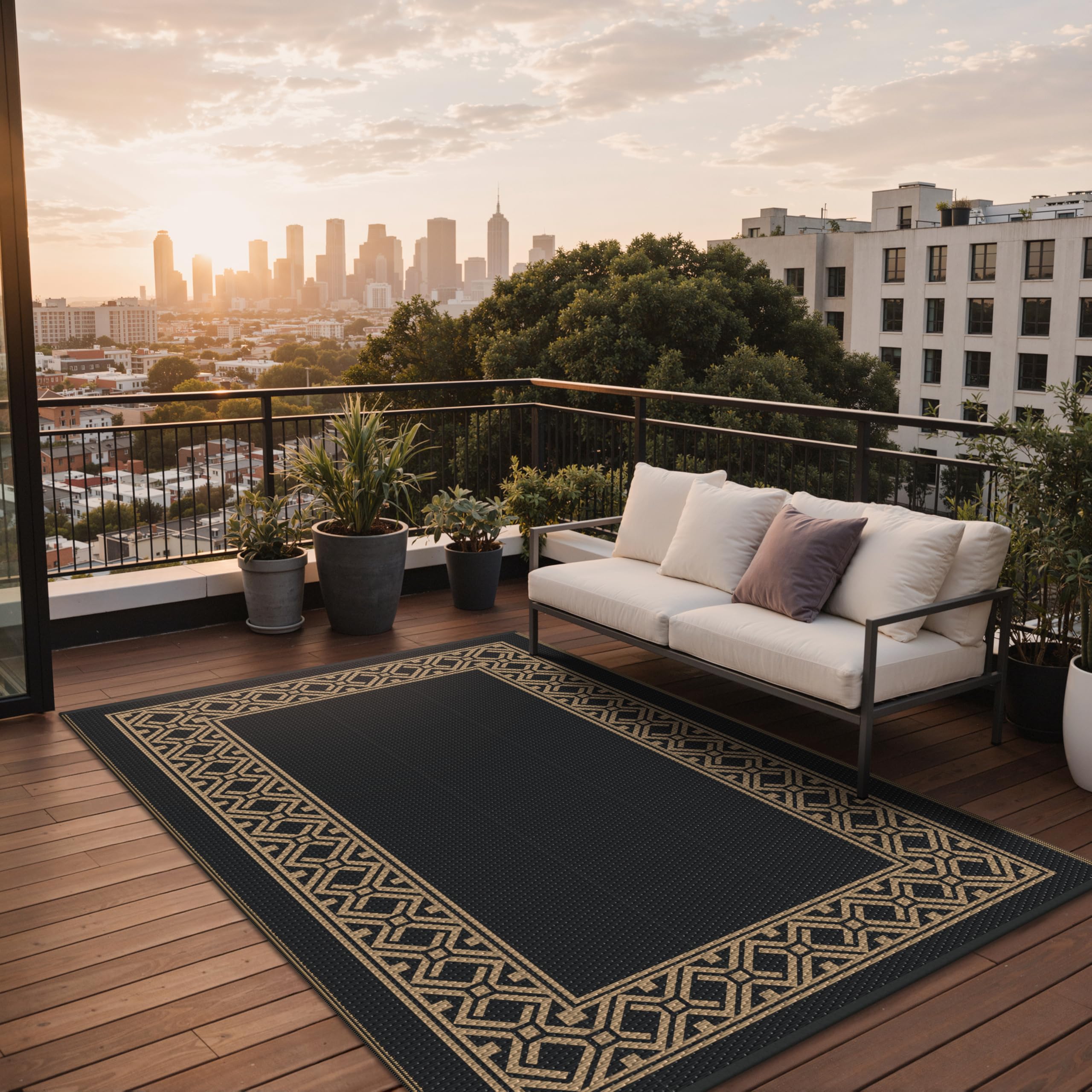 GENIMO 6'x9' outdoor rug in a garden setting