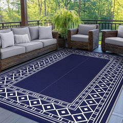 GENIMO 6'x9' outdoor rug in navy blue and white geometric design
