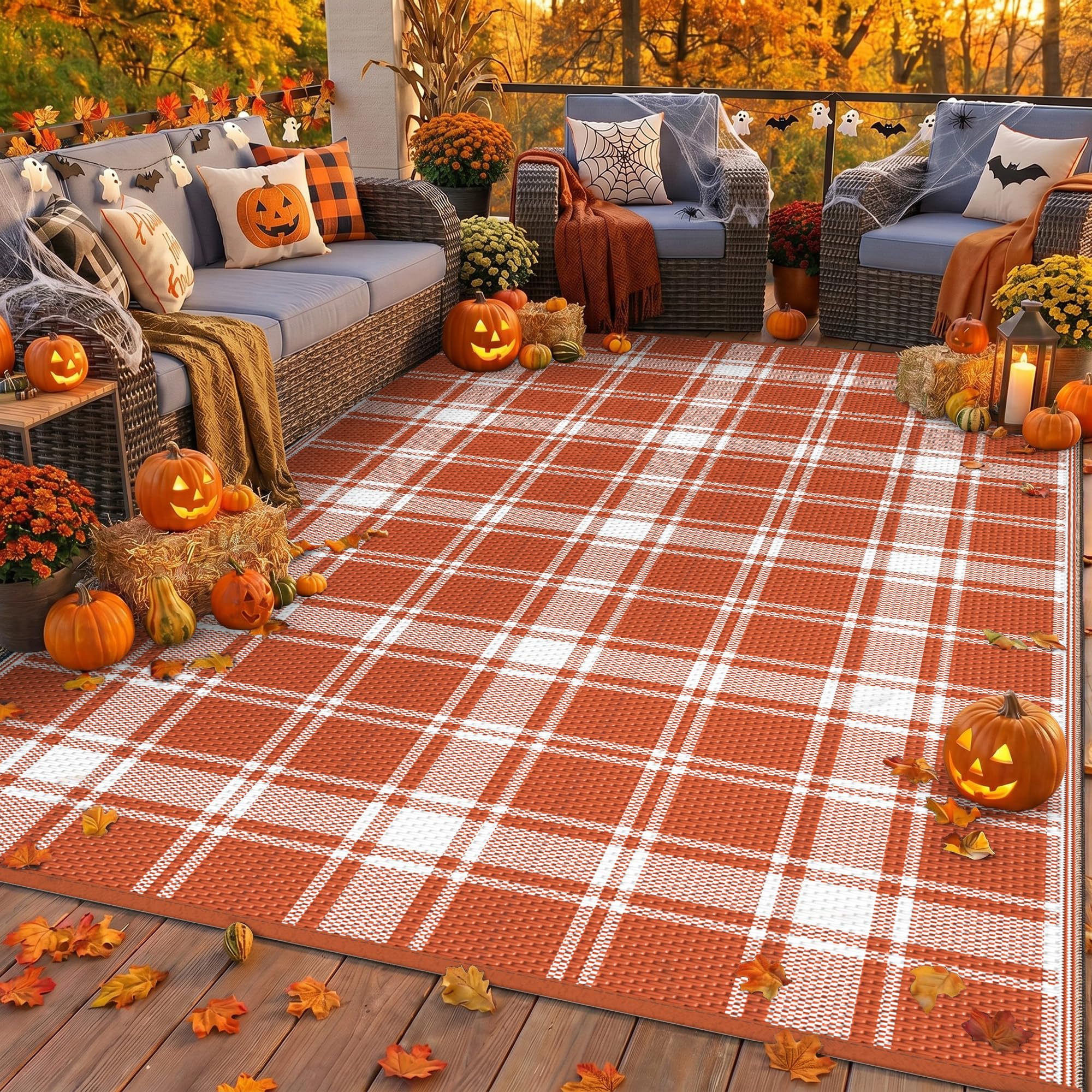 GENIMO 6'x9' Outdoor Rug in Orange Plaid design front view