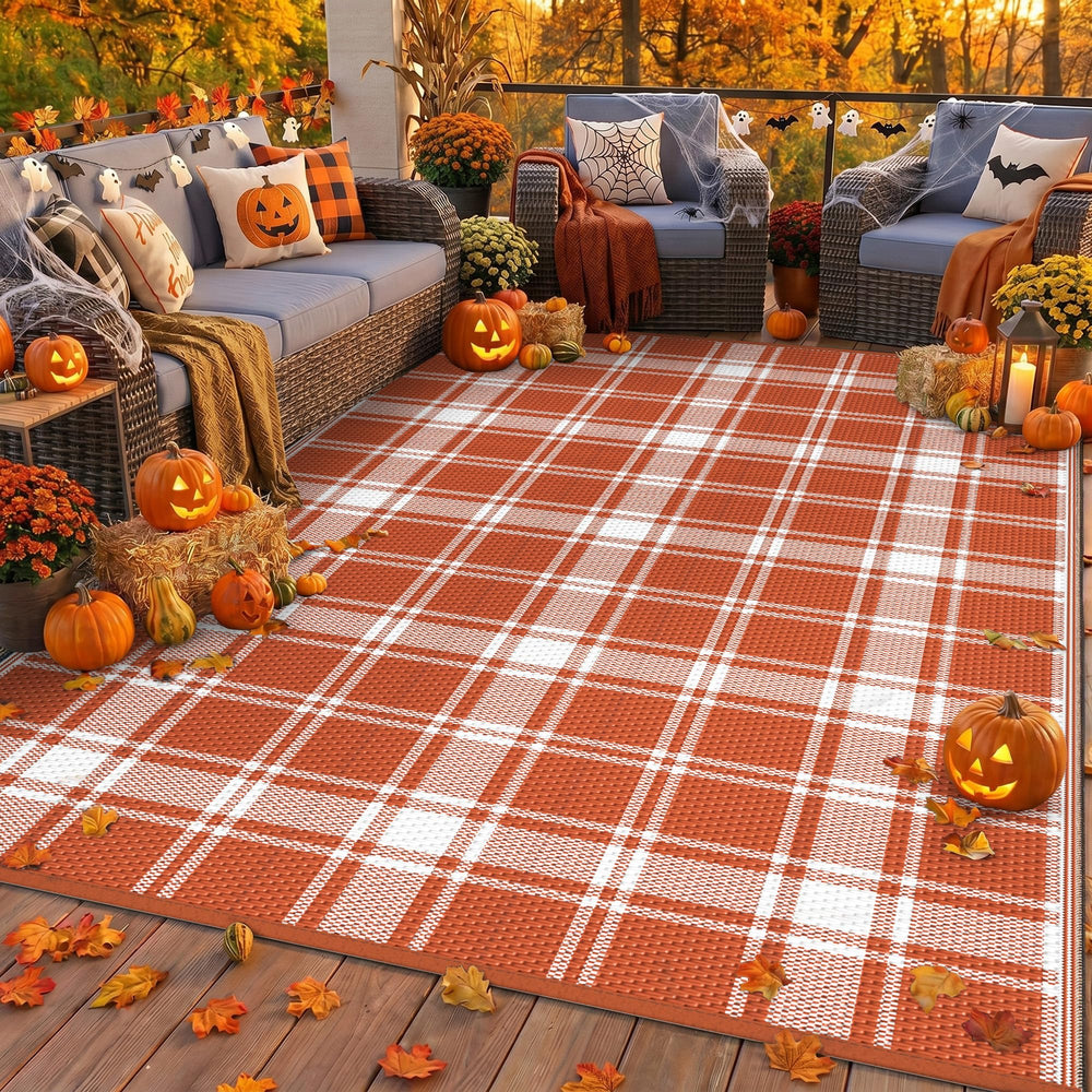 GENIMO 6'x9' Outdoor Rug in Orange Plaid design front view
