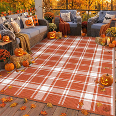 GENIMO 6'x9' Outdoor Rug in Orange Plaid design front view