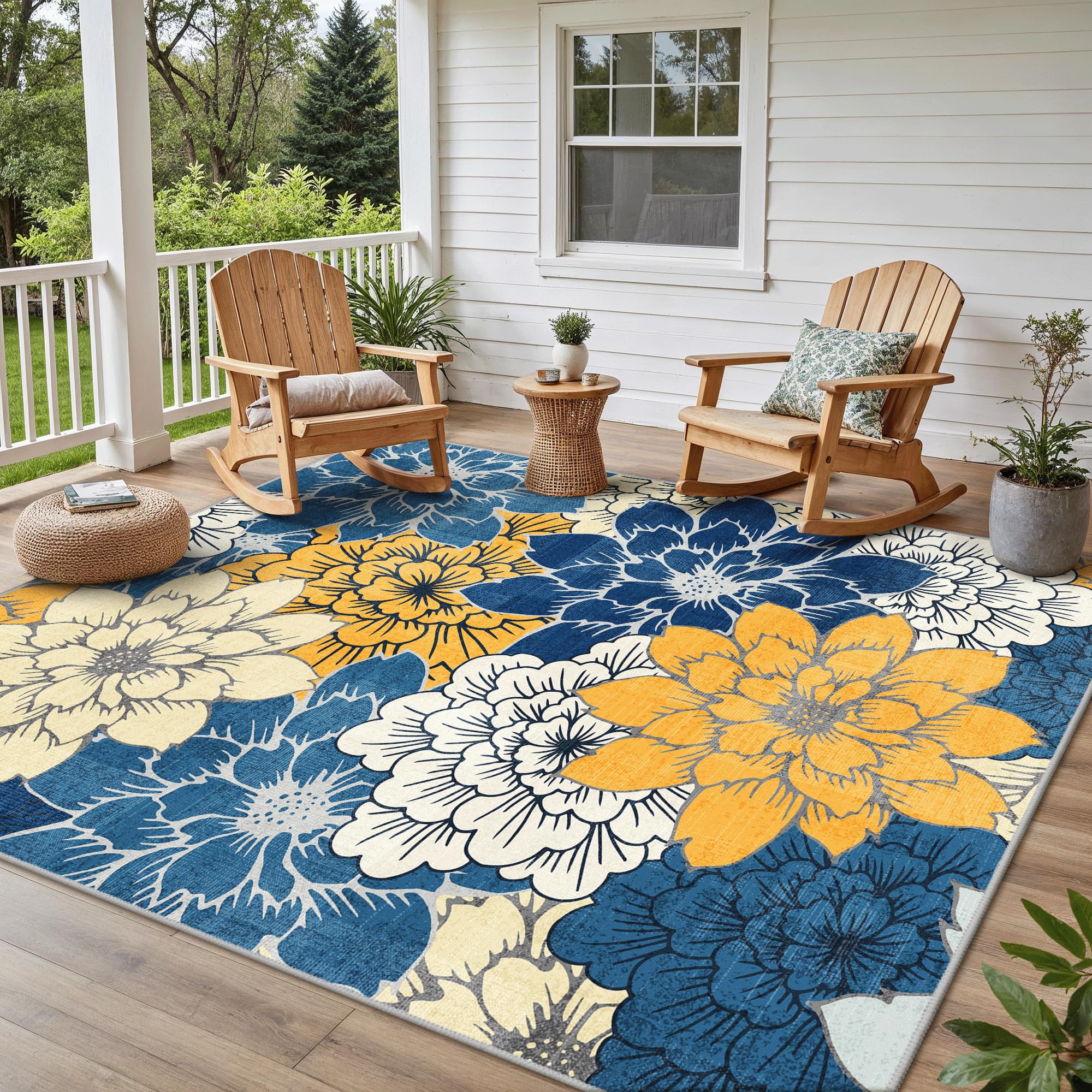 GENIMO 8x10 Outdoor Rug in Blue Yellow front view