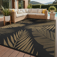 GENIMO 9'x12' outdoor rug black and brown palm leaf design front view