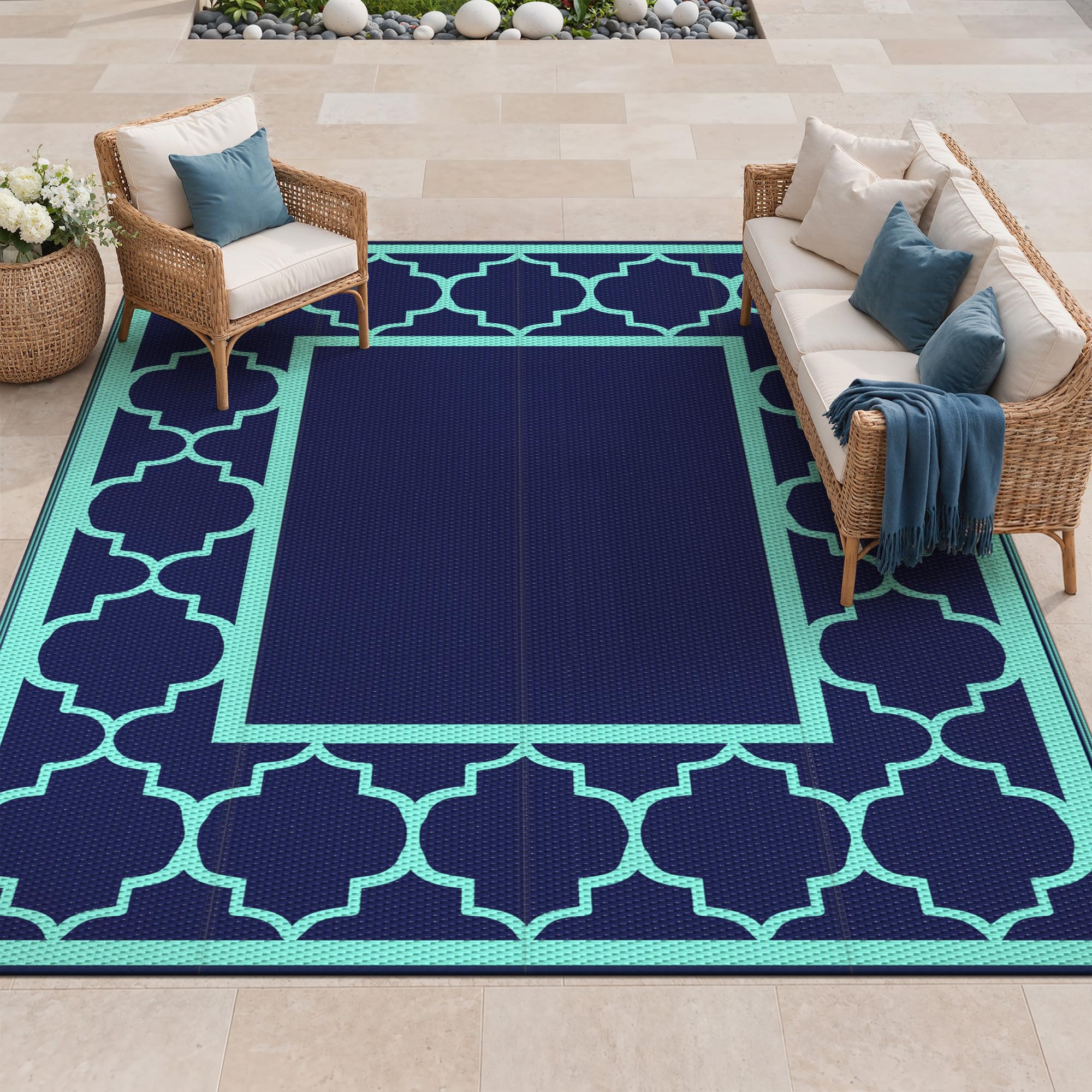 GENIMO 9'x12' Outdoor Rug blue and green pattern front view