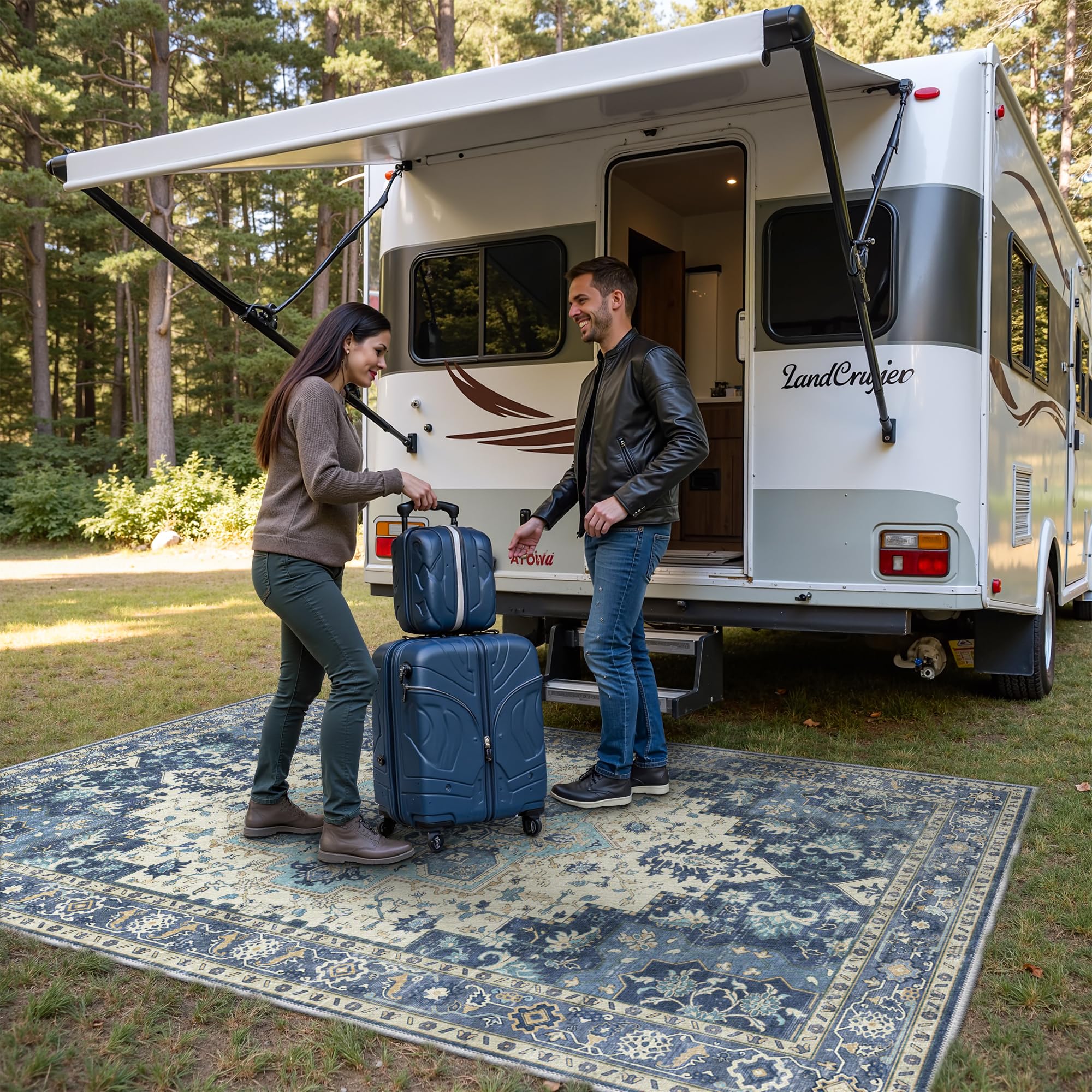 GENIMO Indoor Outdoor Rug 5x8 Navy Ivory detail of floral pattern