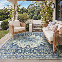 GENIMO Indoor Outdoor Rug 5x8 Navy Ivory front view