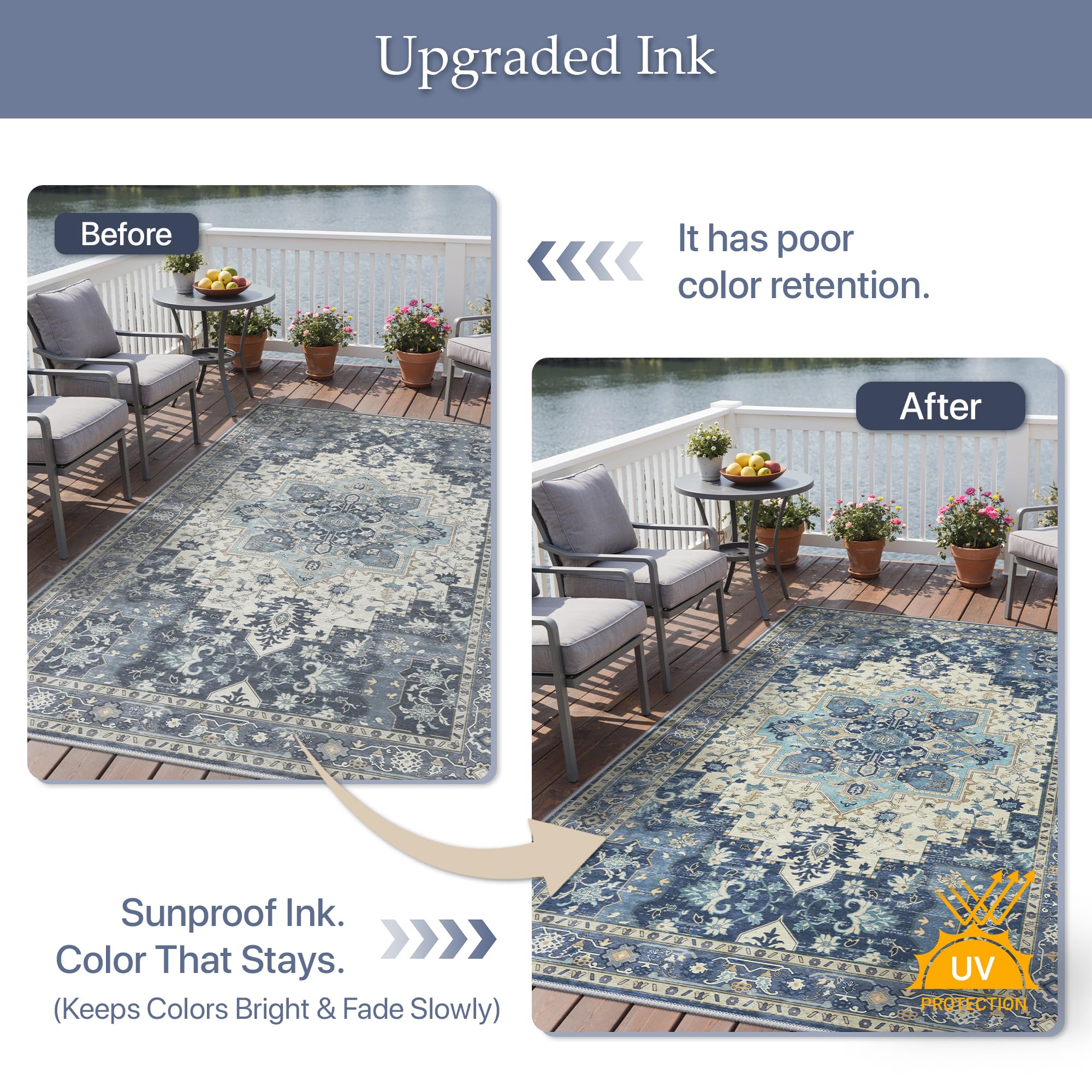 GENIMO Indoor Outdoor Rug 5x8 Navy Ivory in patio setting