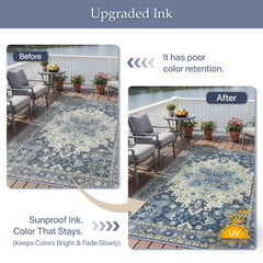 GENIMO Indoor Outdoor Rug 5x8 Navy Ivory in patio setting