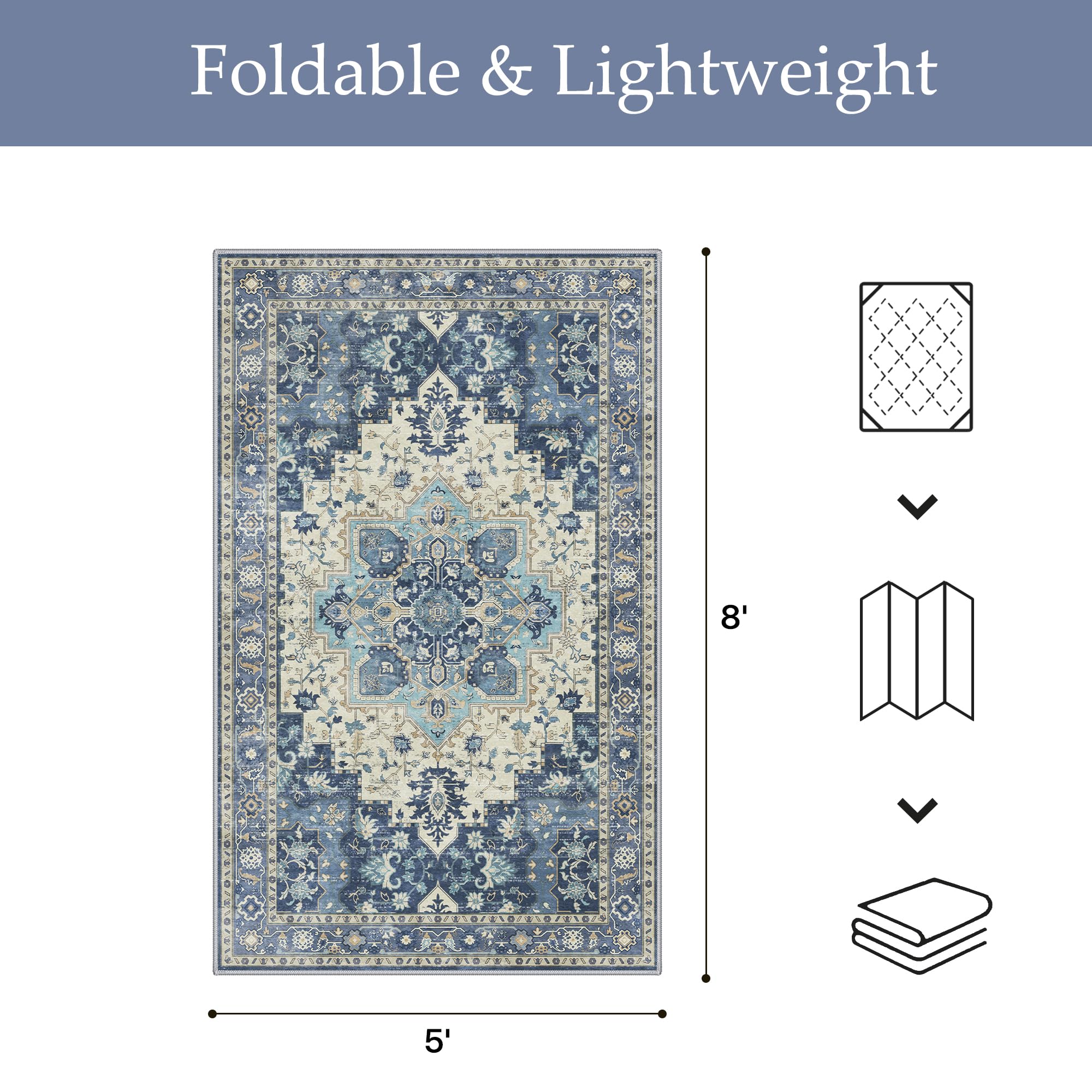 GENIMO Indoor Outdoor Rug 5x8 Navy Ivory on wooden floor