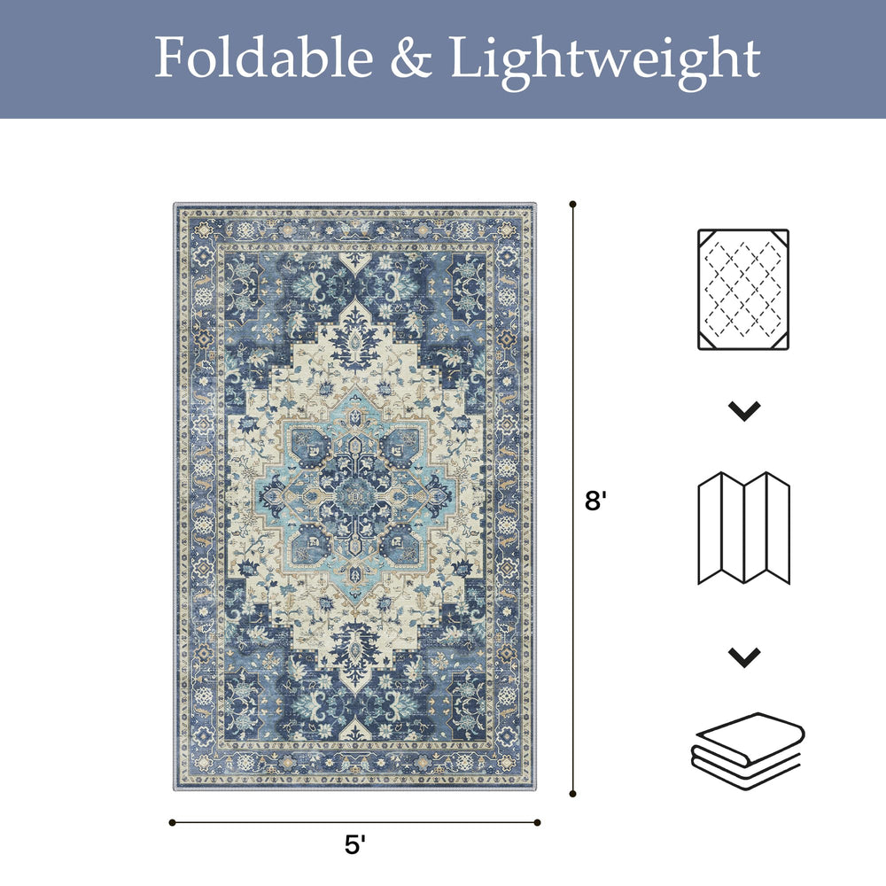 GENIMO Indoor Outdoor Rug 5x8 Navy Ivory on wooden floor