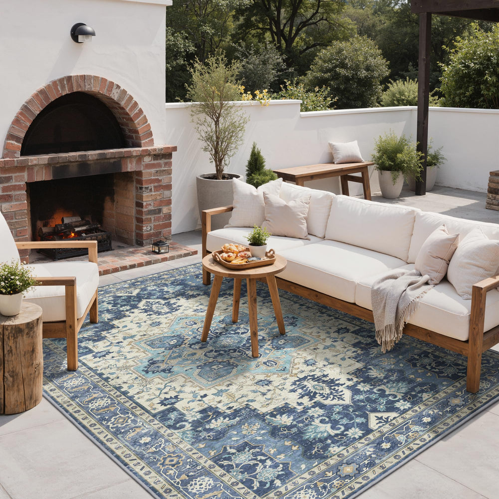 GENIMO Indoor Outdoor Rug 5x8 Navy Ivory rolled up for storage