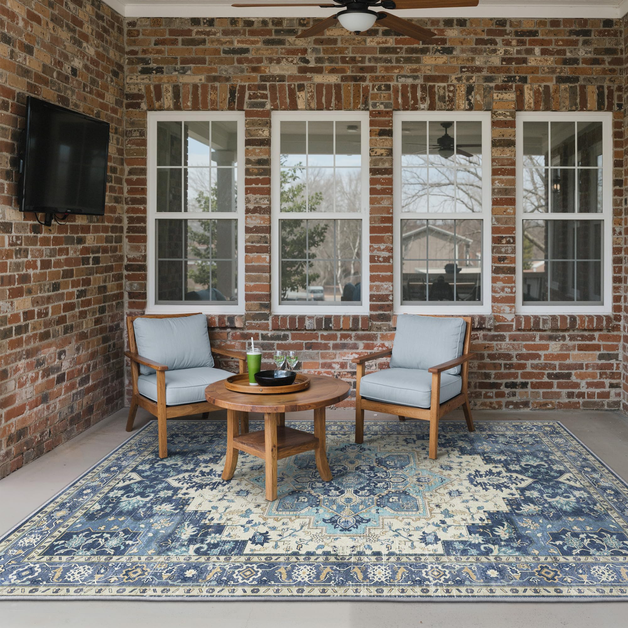 GENIMO Indoor Outdoor Rug 5x8 Navy Ivory side view