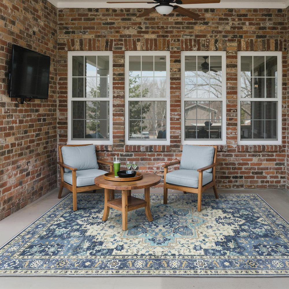 GENIMO Indoor Outdoor Rug 5x8 Navy Ivory side view