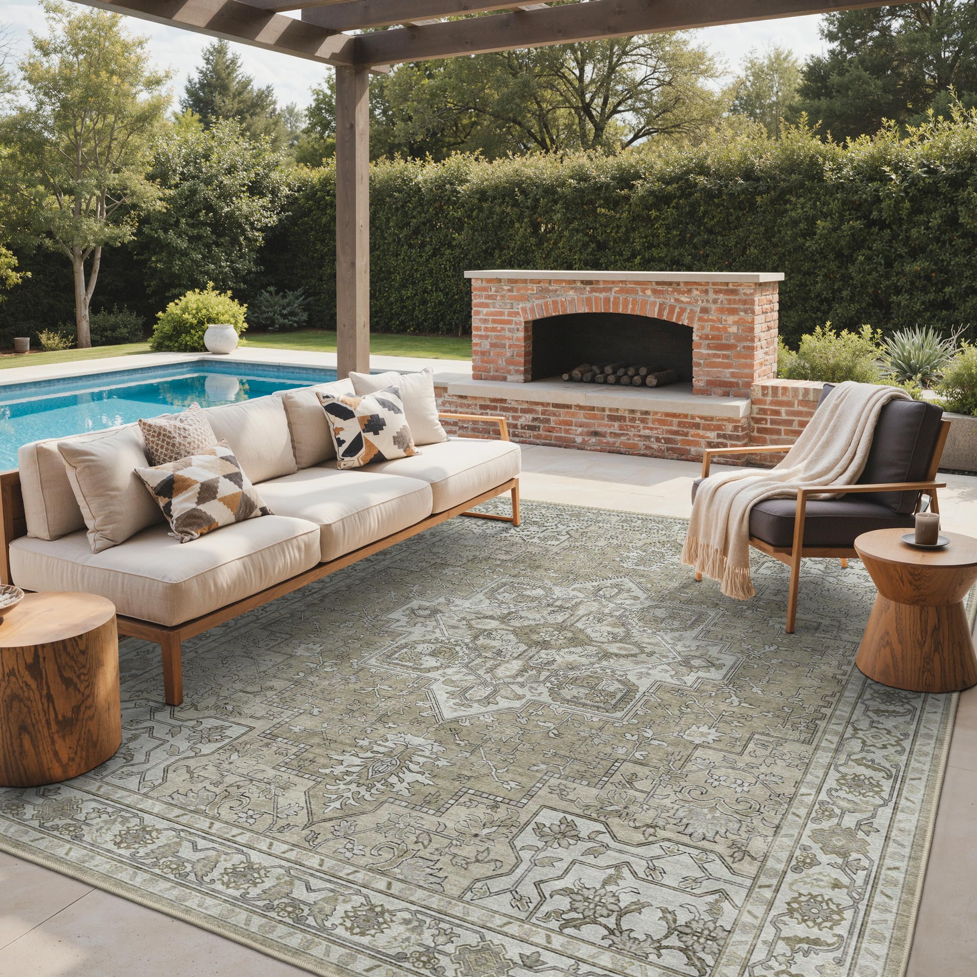 GENIMO Indoor Outdoor Rug 8' x 10' Cream Beige front view