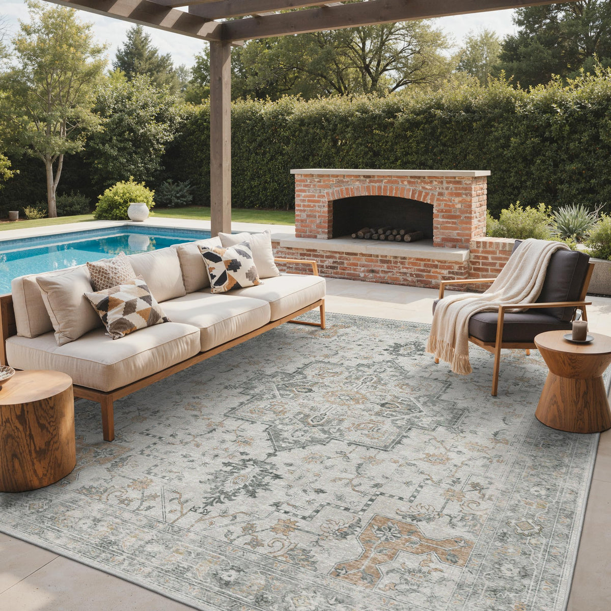 GENIMO Indoor Outdoor Rug 8x10 Ivory Grey front view