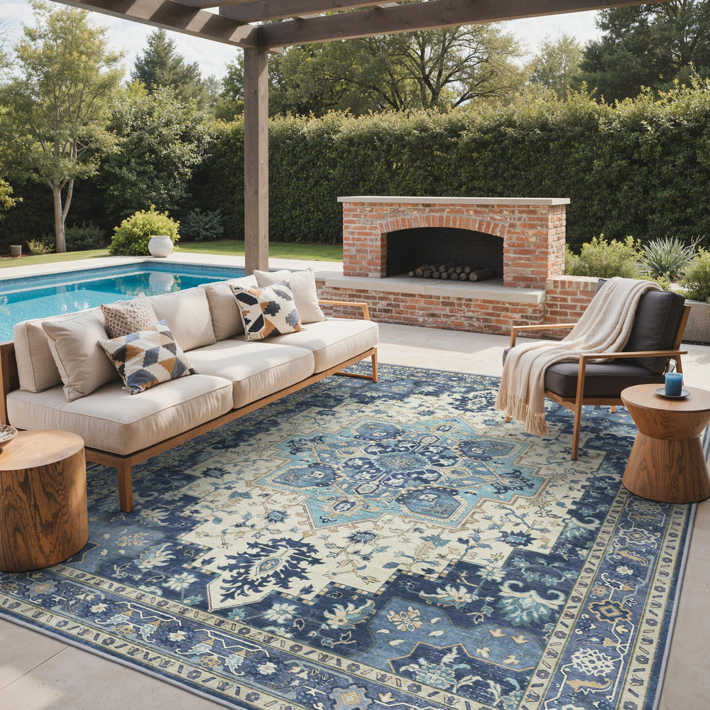 GENIMO Indoor Outdoor Rug 8x10 Navy Ivory front view