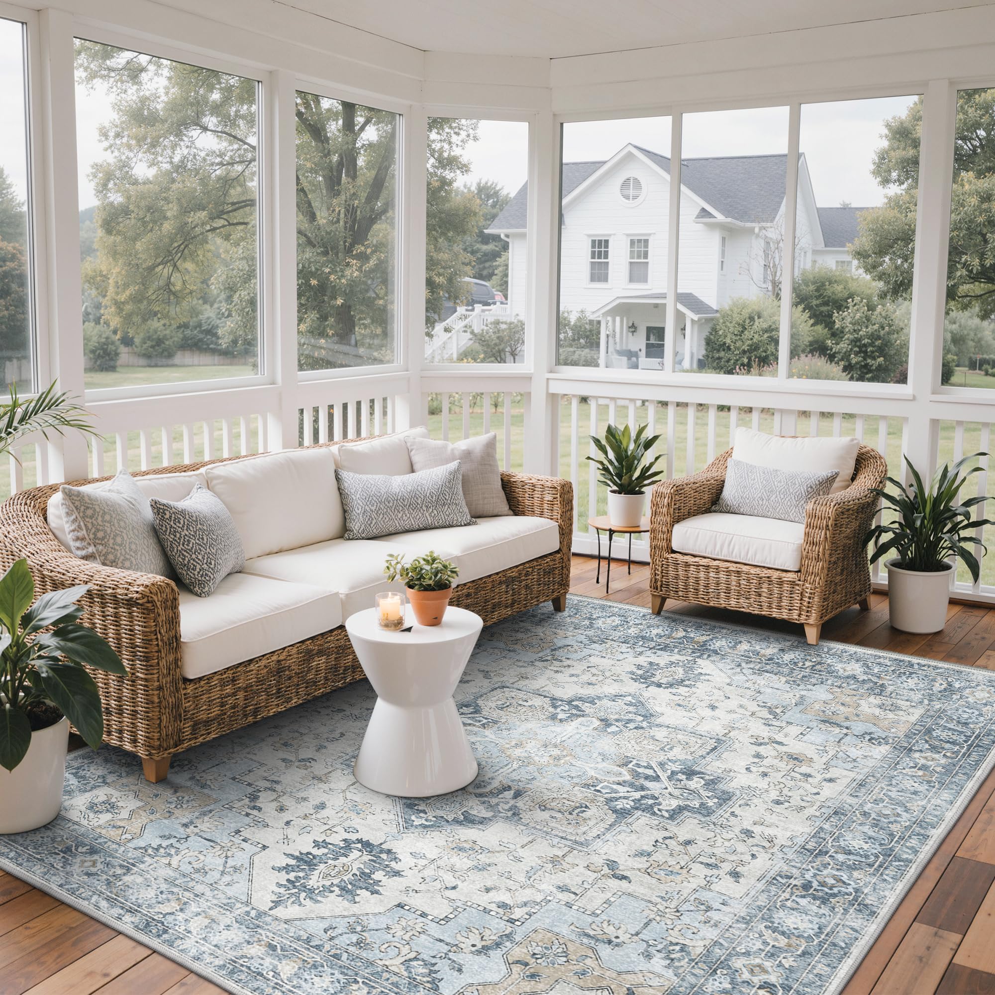 GENIMO Indoor Outdoor Rug Light Blue showing floral pattern