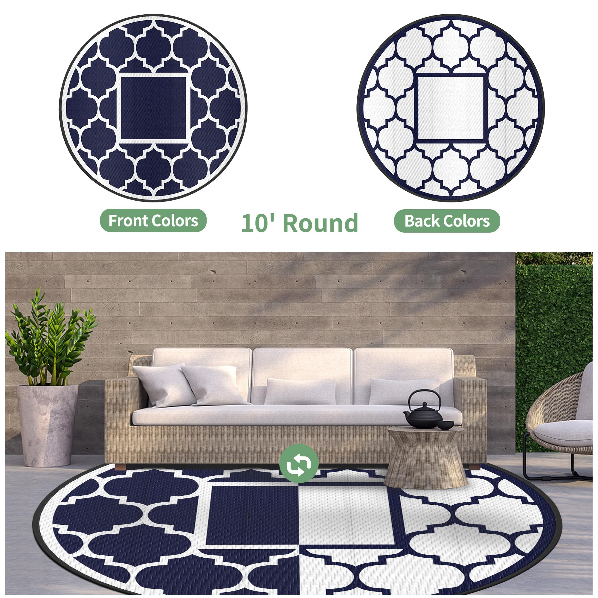 GENIMO Outdoor Rug 10' Round Blue & White close-up of pattern