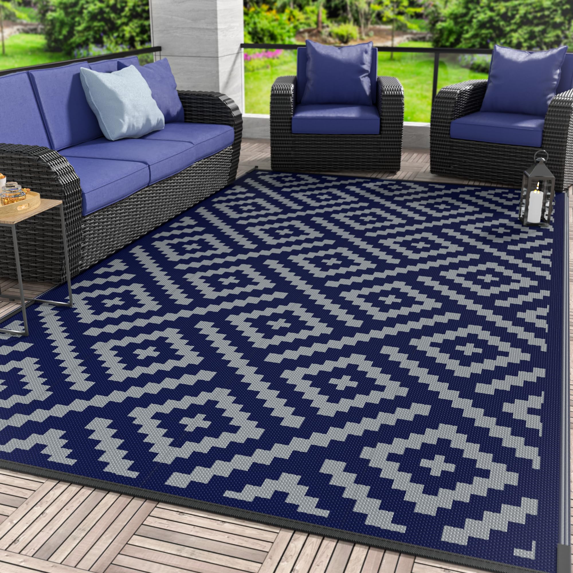 GENIMO Outdoor Rug 10' x 14' waterproof blue grey front view