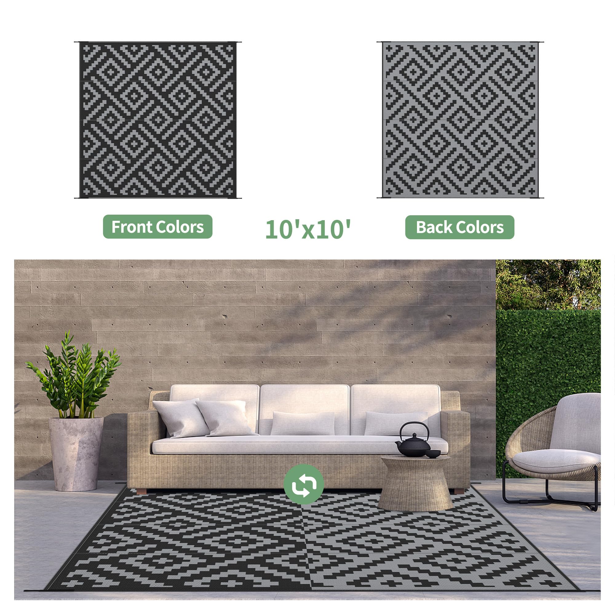 GENIMO Outdoor Rug 10'x10' black grey in outdoor setting
