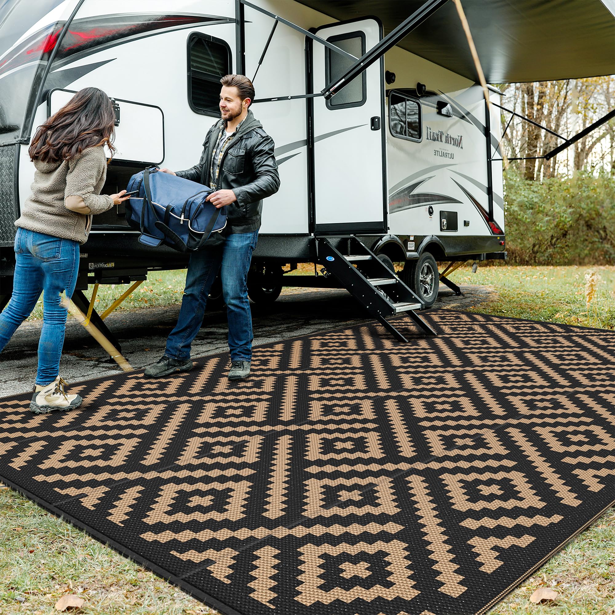 GENIMO Outdoor Rug 10'x14' black brown front view