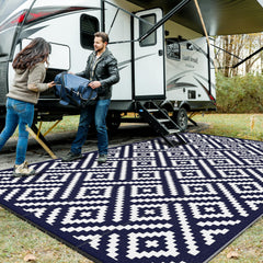 GENIMO Outdoor Rug 10'x14' blue and white geometric pattern