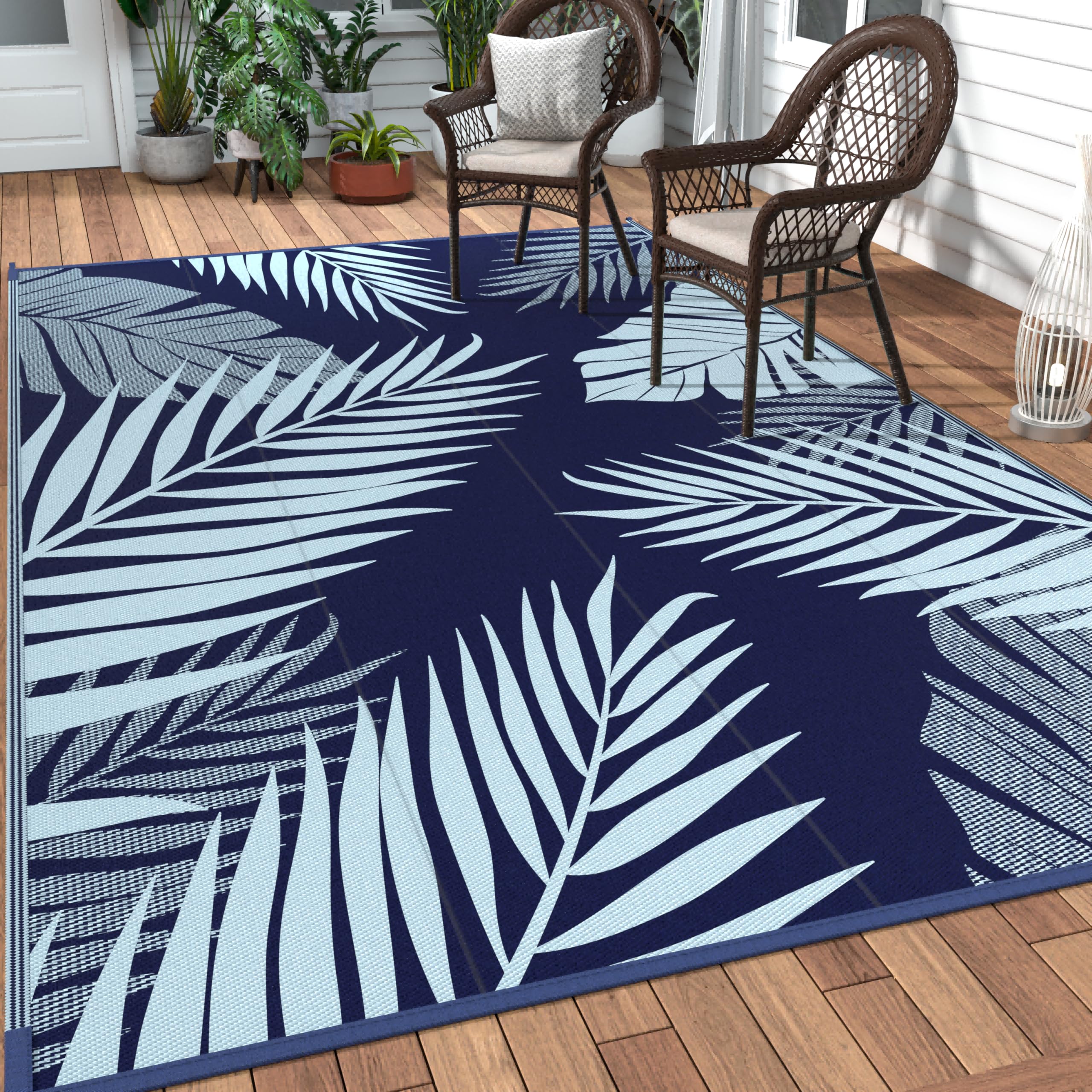 GENIMO Outdoor Rug 10'x14' blue palm leaf design front view