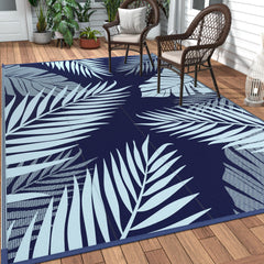 GENIMO Outdoor Rug 10'x14' blue palm leaf design front view