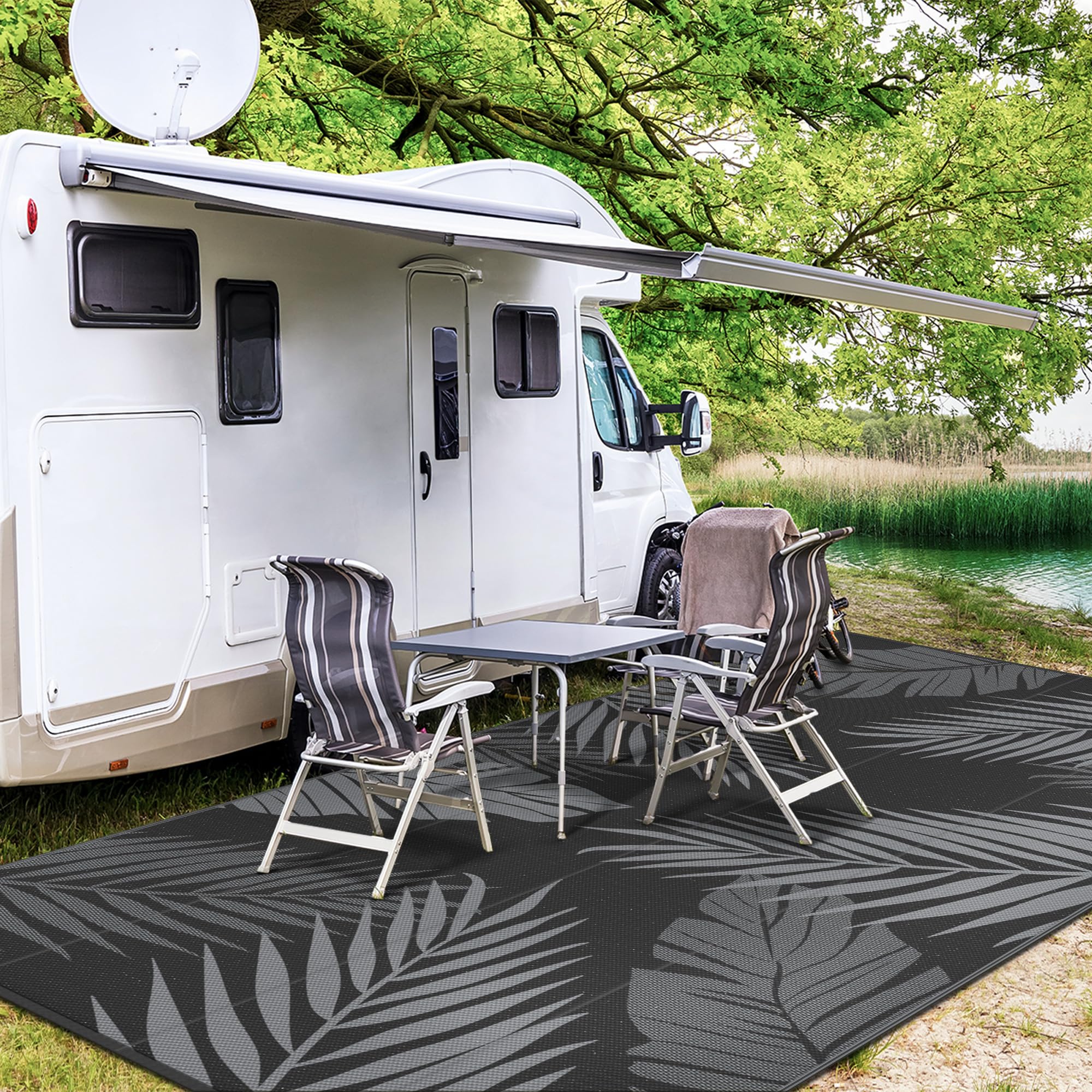 GENIMO Outdoor Rug 10'x14' displayed at a camping site