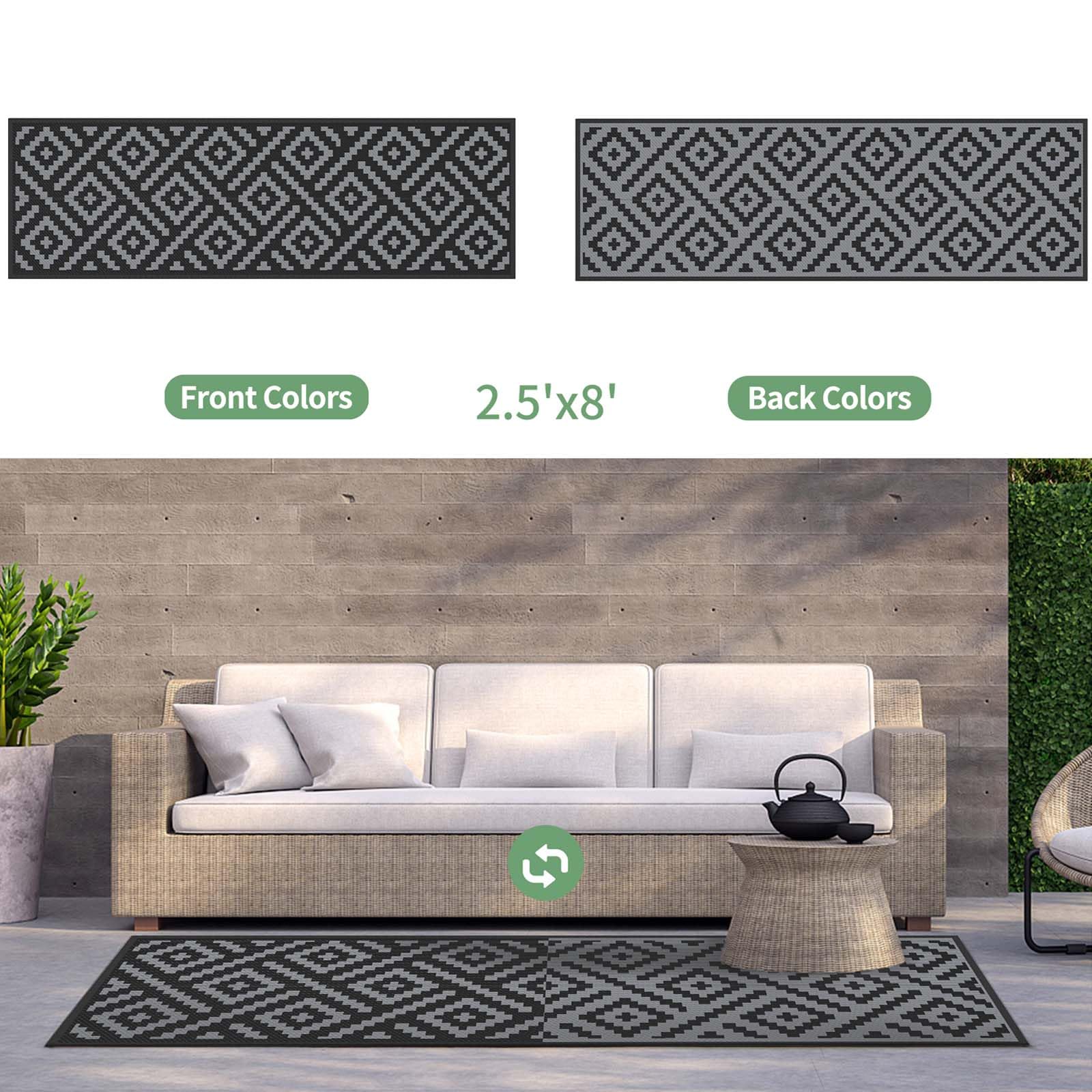 GENIMO Outdoor Rug 2.5'x8' black grey in outdoor setting