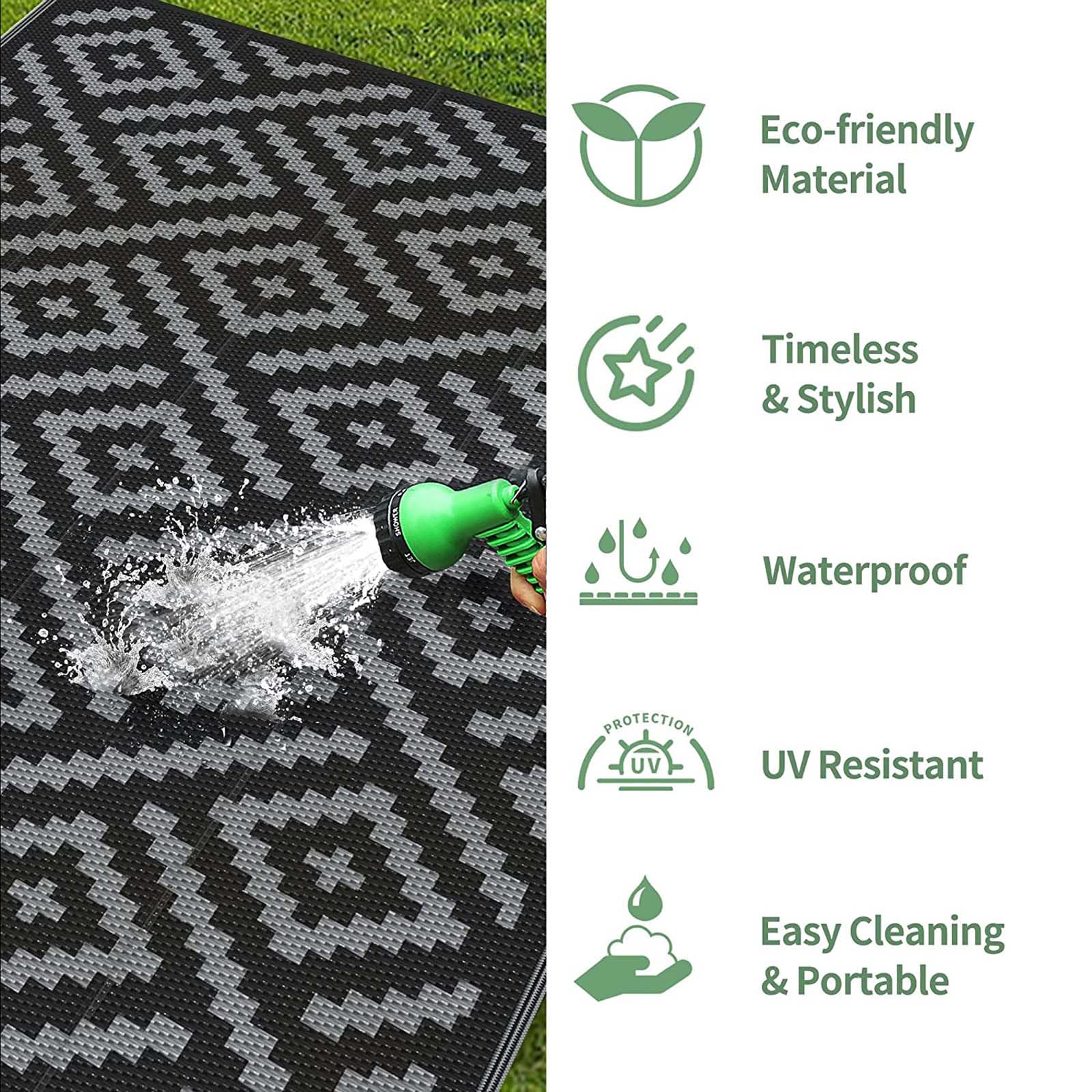 GENIMO Outdoor Rug 2.5'x8' black grey rolled up for storage