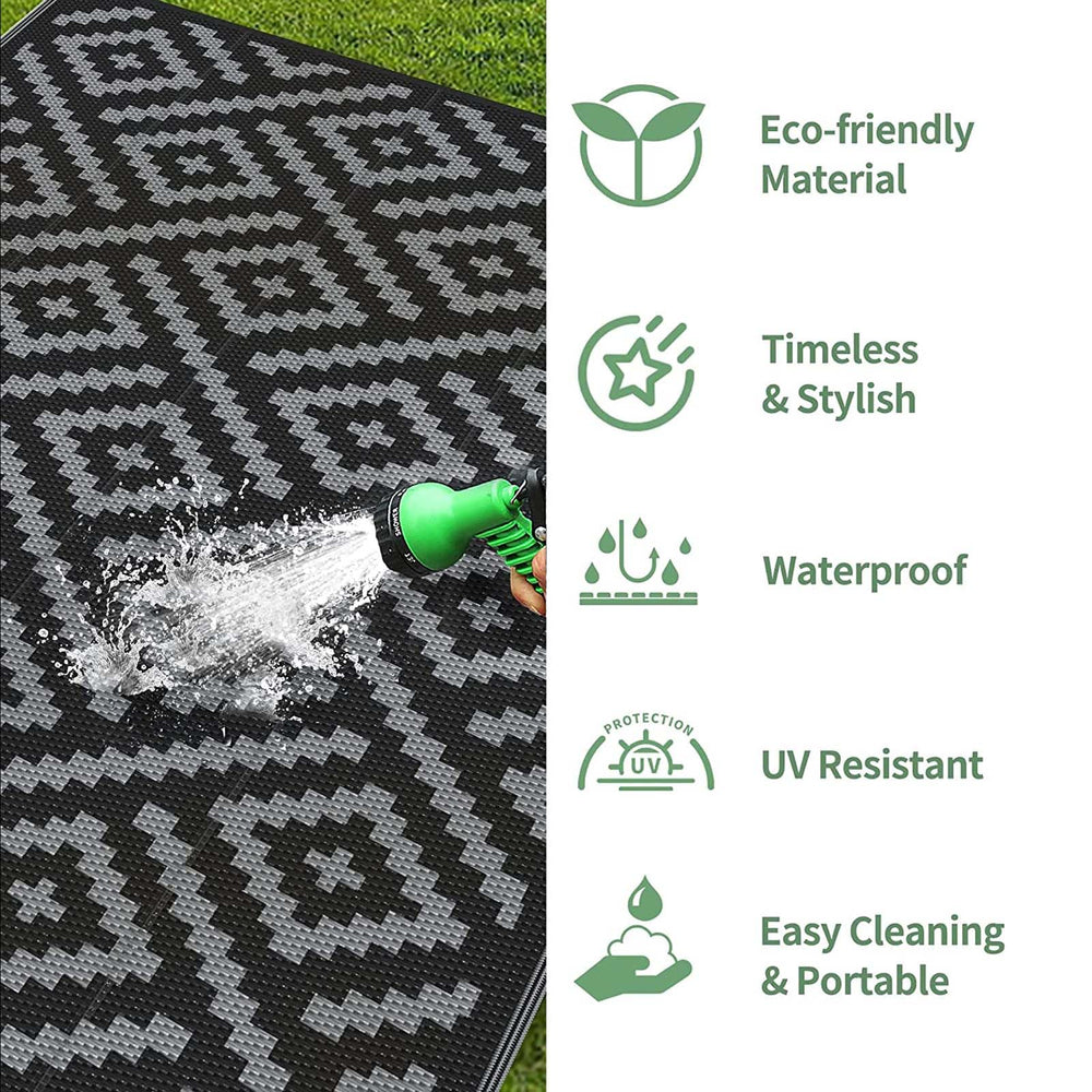 GENIMO Outdoor Rug 2.5'x8' black grey rolled up for storage