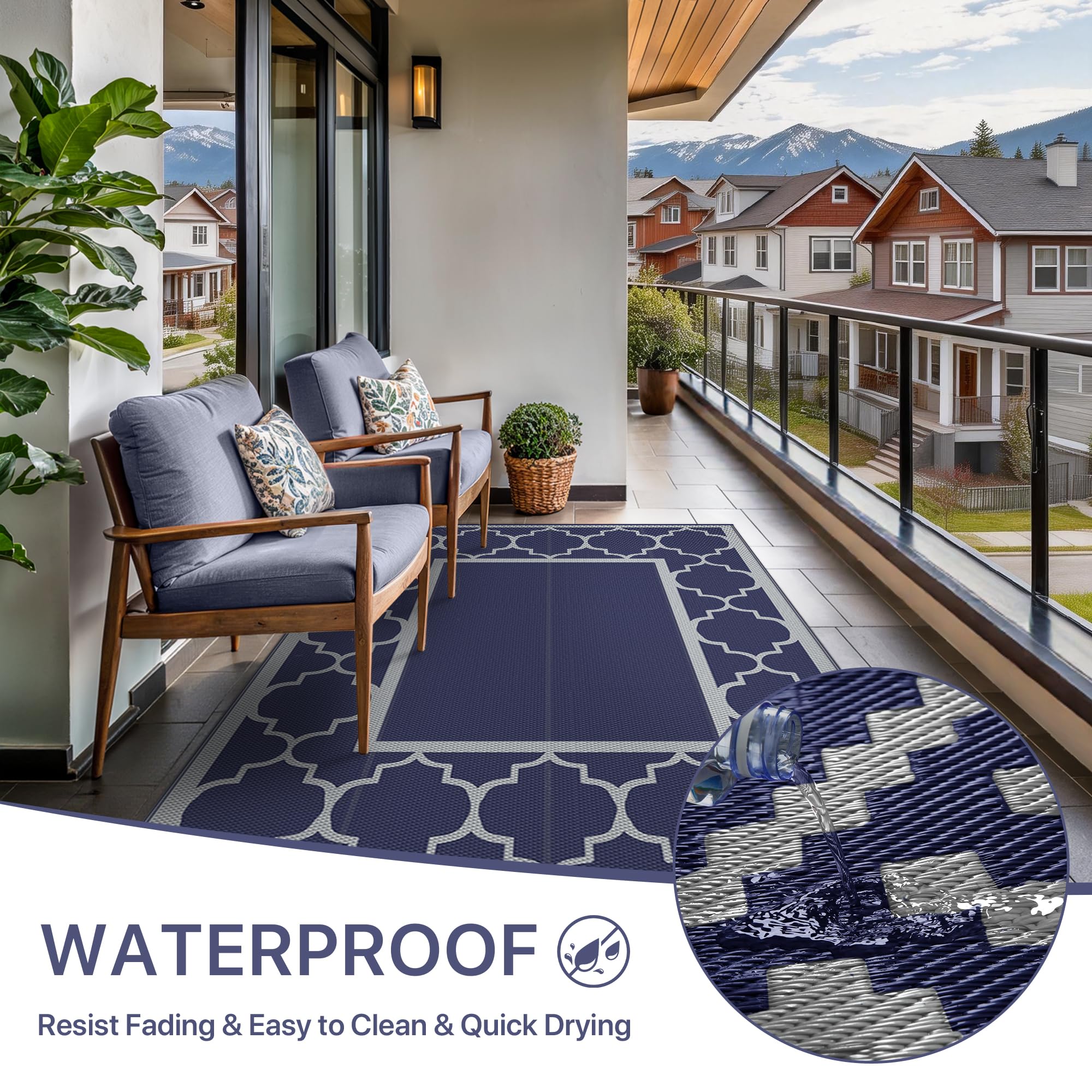 GENIMO Outdoor Rug 5'x8' blue grey folded for portability