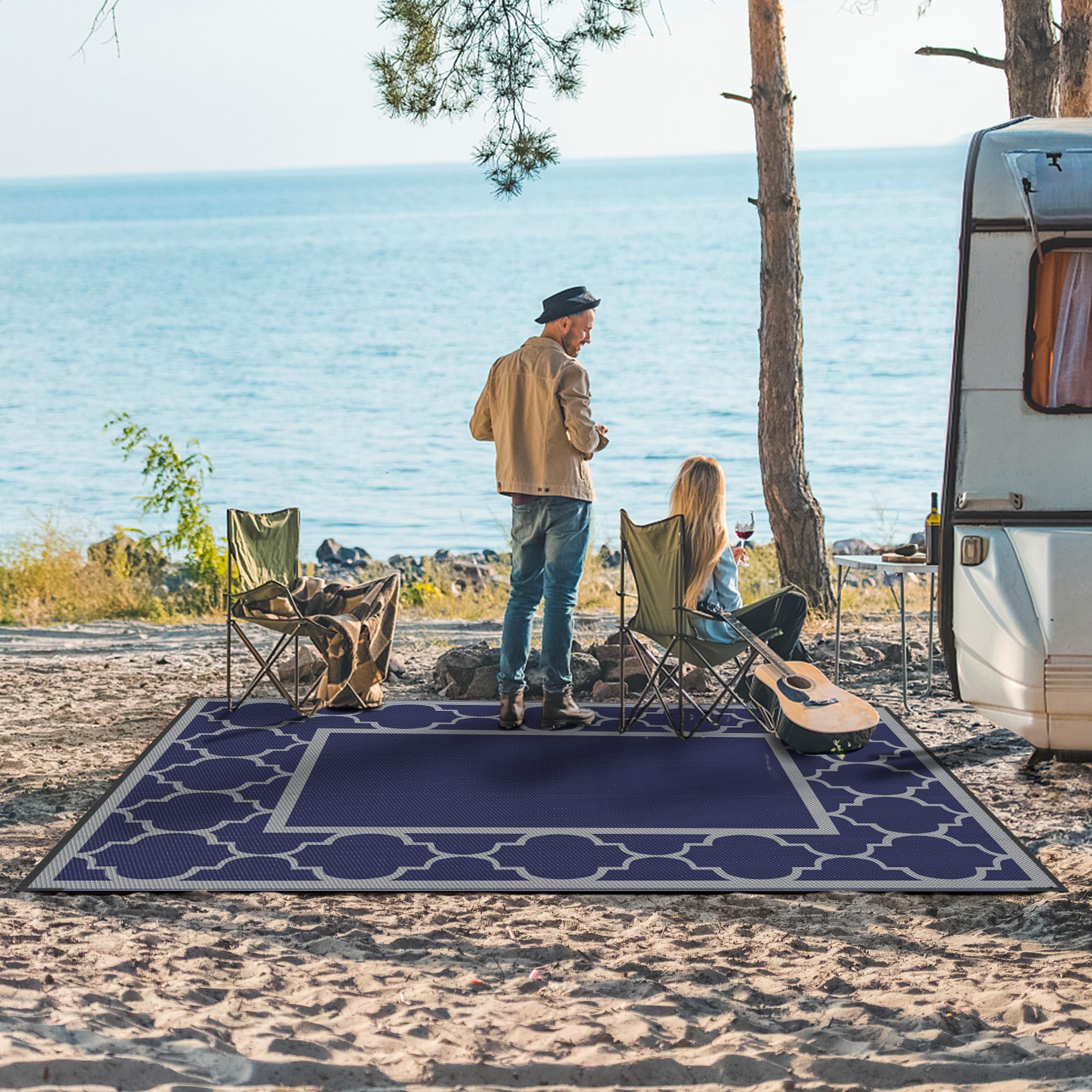 GENIMO Outdoor Rug 5'x8' blue grey pattern detail