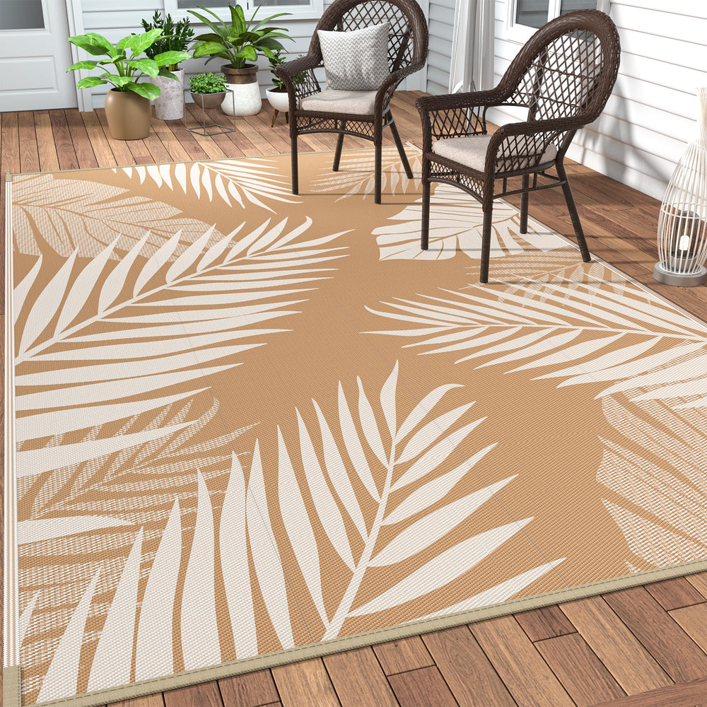GENIMO Outdoor Rug 5'x8' brown beige palm leaf design front view