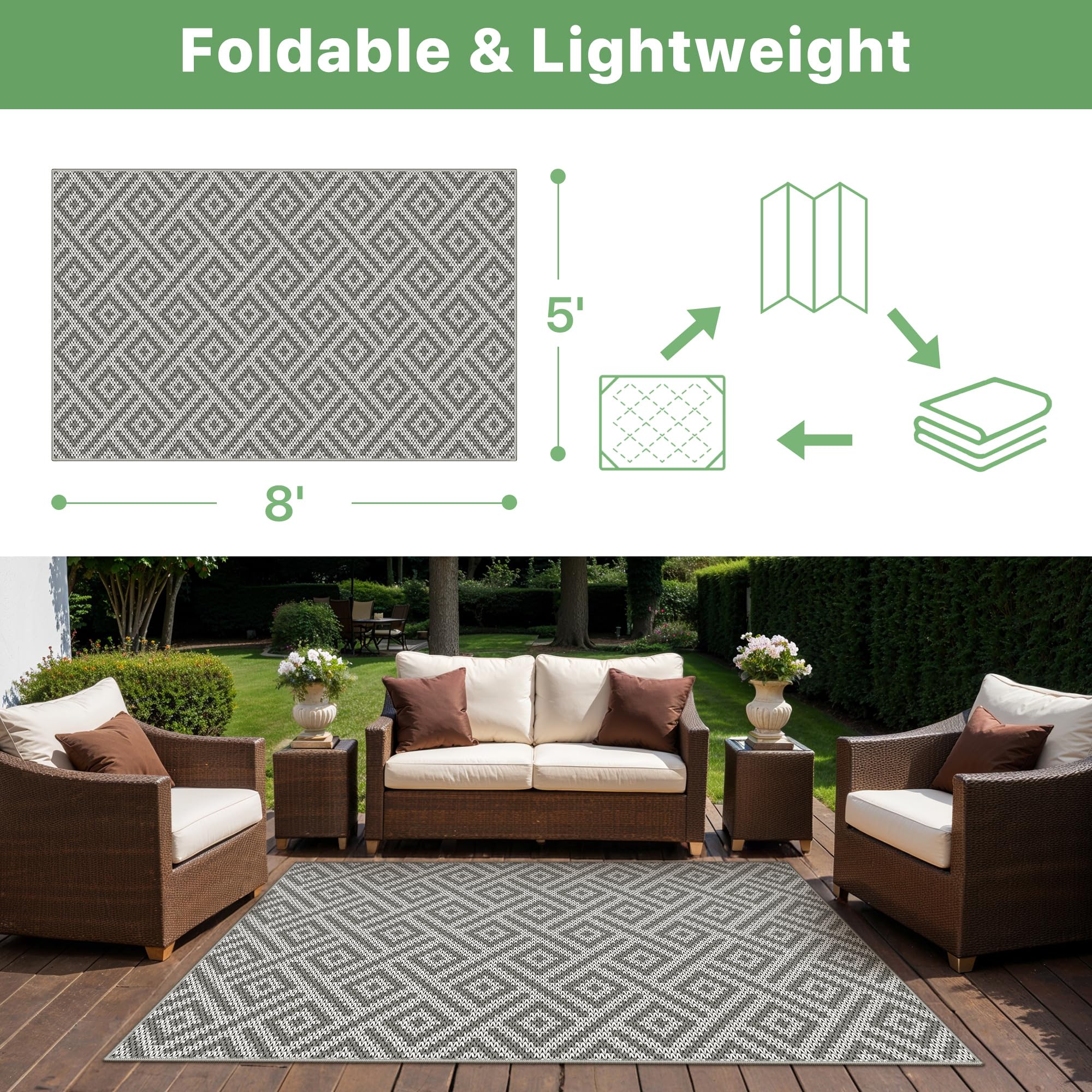 GENIMO Outdoor Rug 5'x8' cloud grey with decorative elements