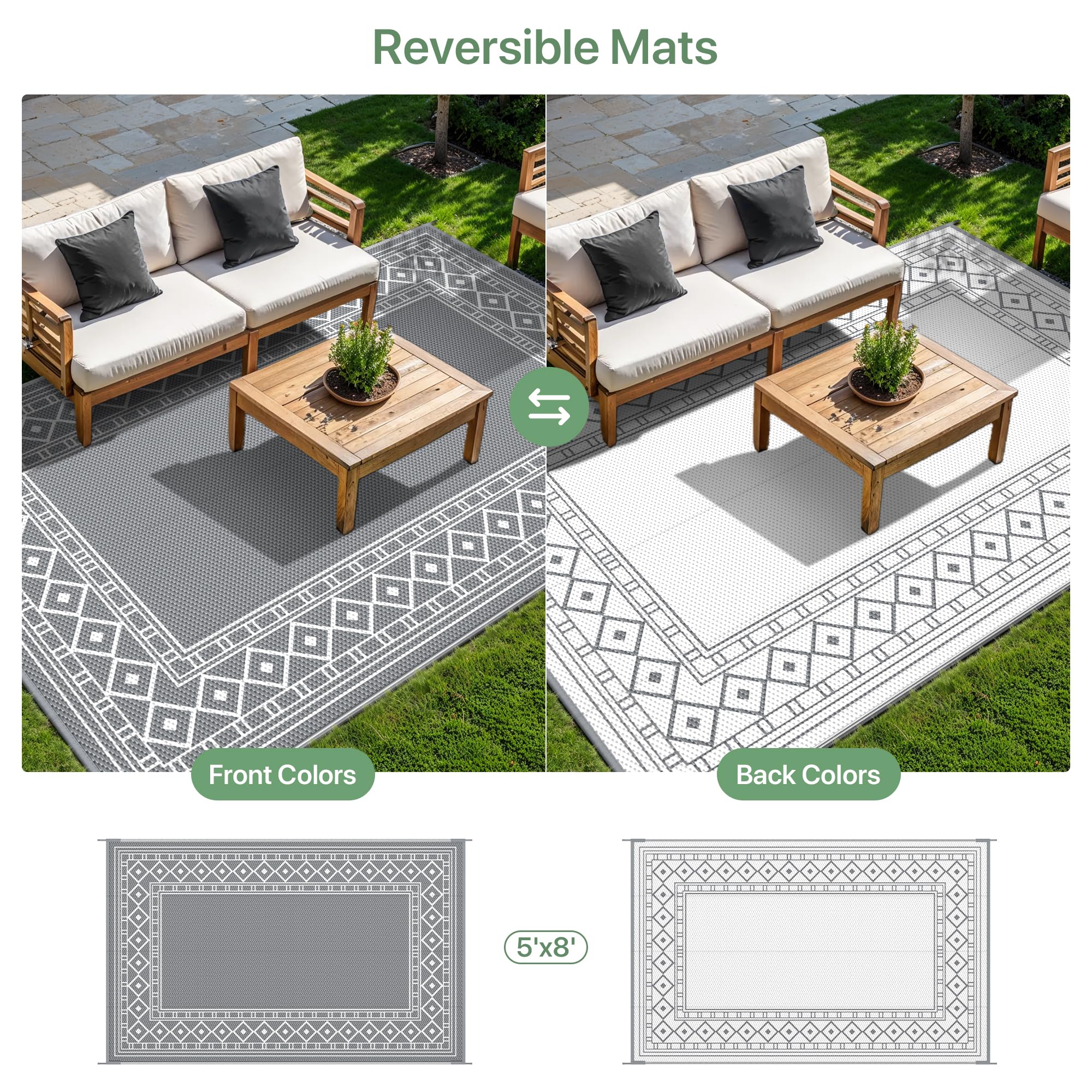 GENIMO Outdoor Rug 5'x8' grey and white in camping setup