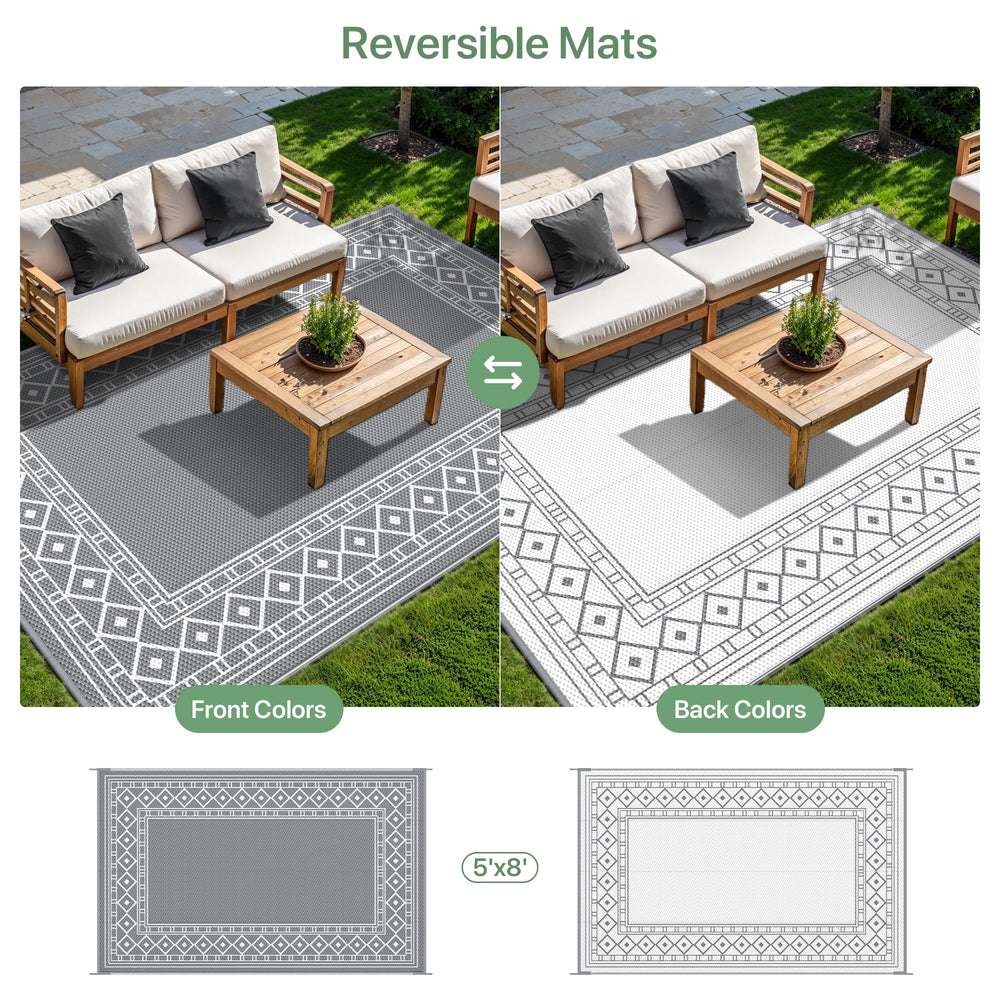 GENIMO Outdoor Rug 5'x8' grey and white in camping setup
