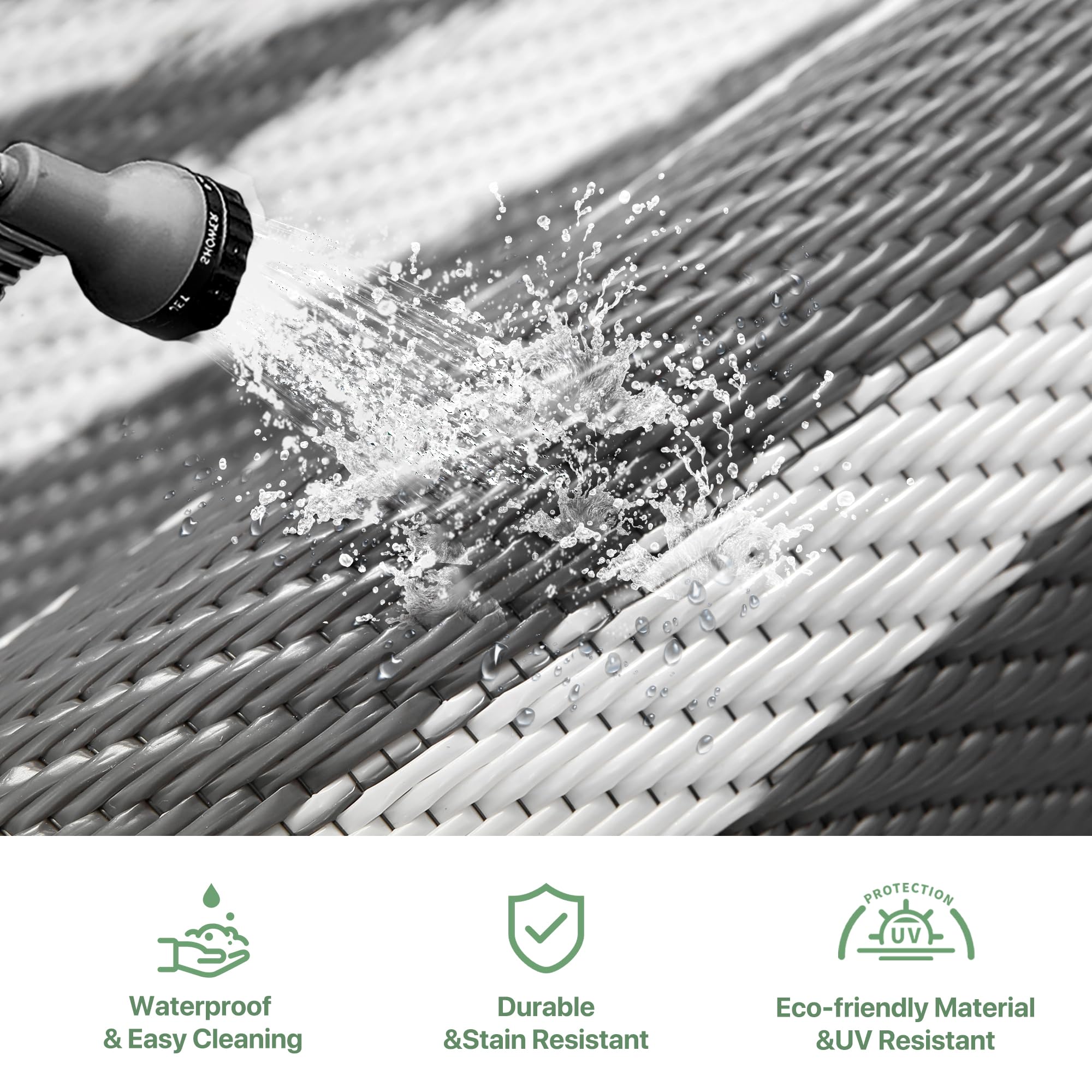 GENIMO Outdoor Rug 5'x8' grey and white rolled up for storage