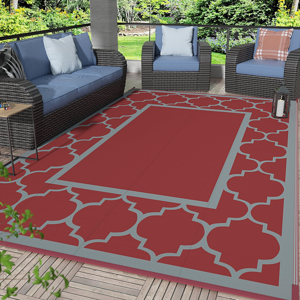 GENIMO Outdoor Rug 5'x8' in Red & Grey front view