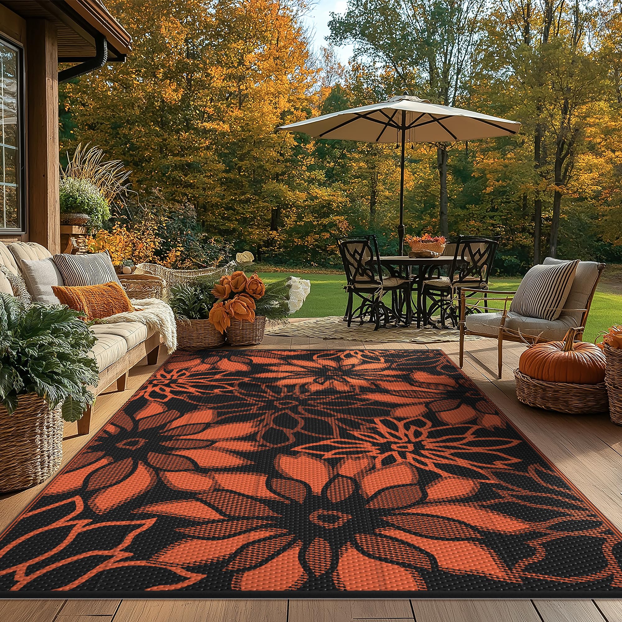 GENIMO Outdoor Rug 6' x 9' reversible side showing palm leaf design