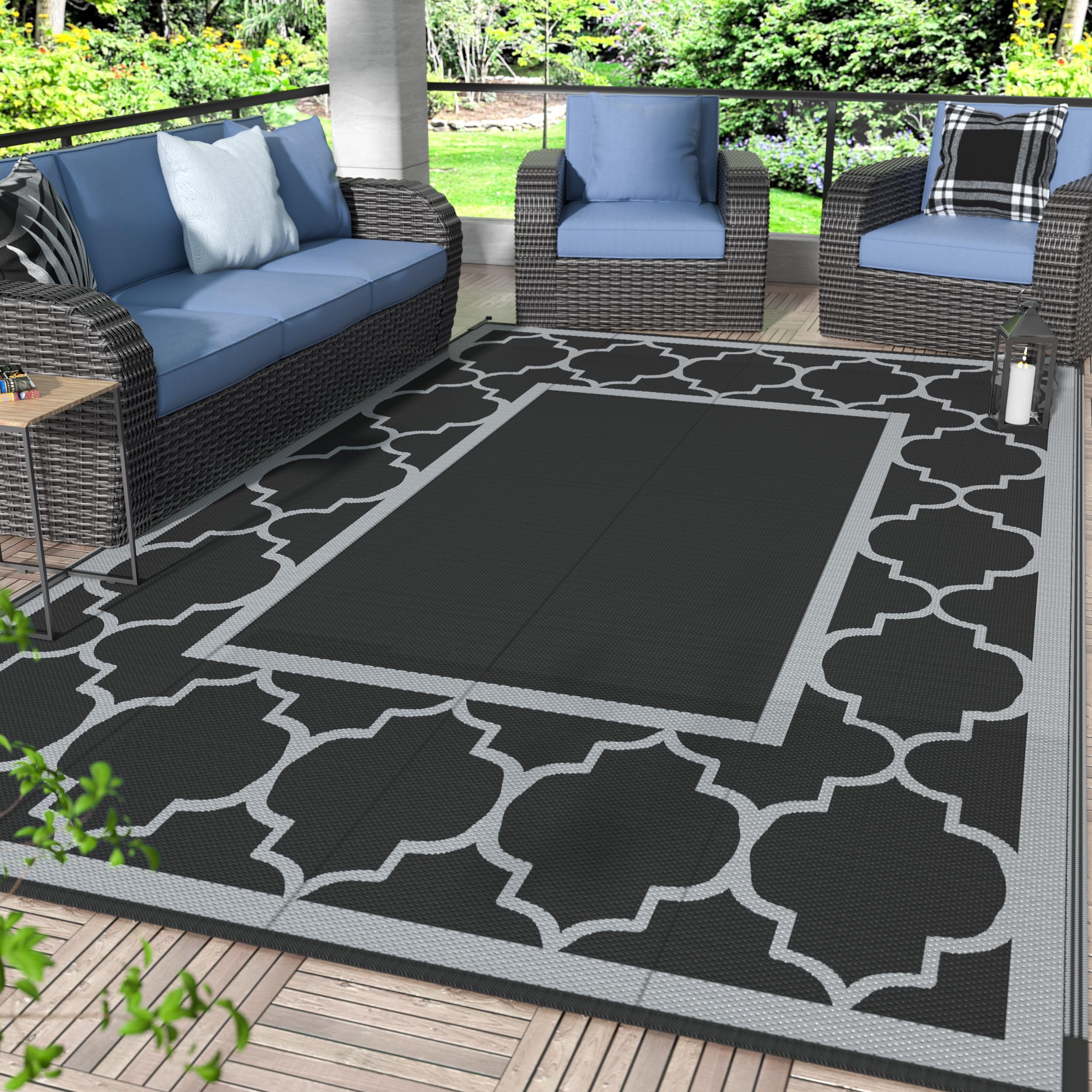GENIMO Outdoor Rug 6'x9' black and gray pattern front view