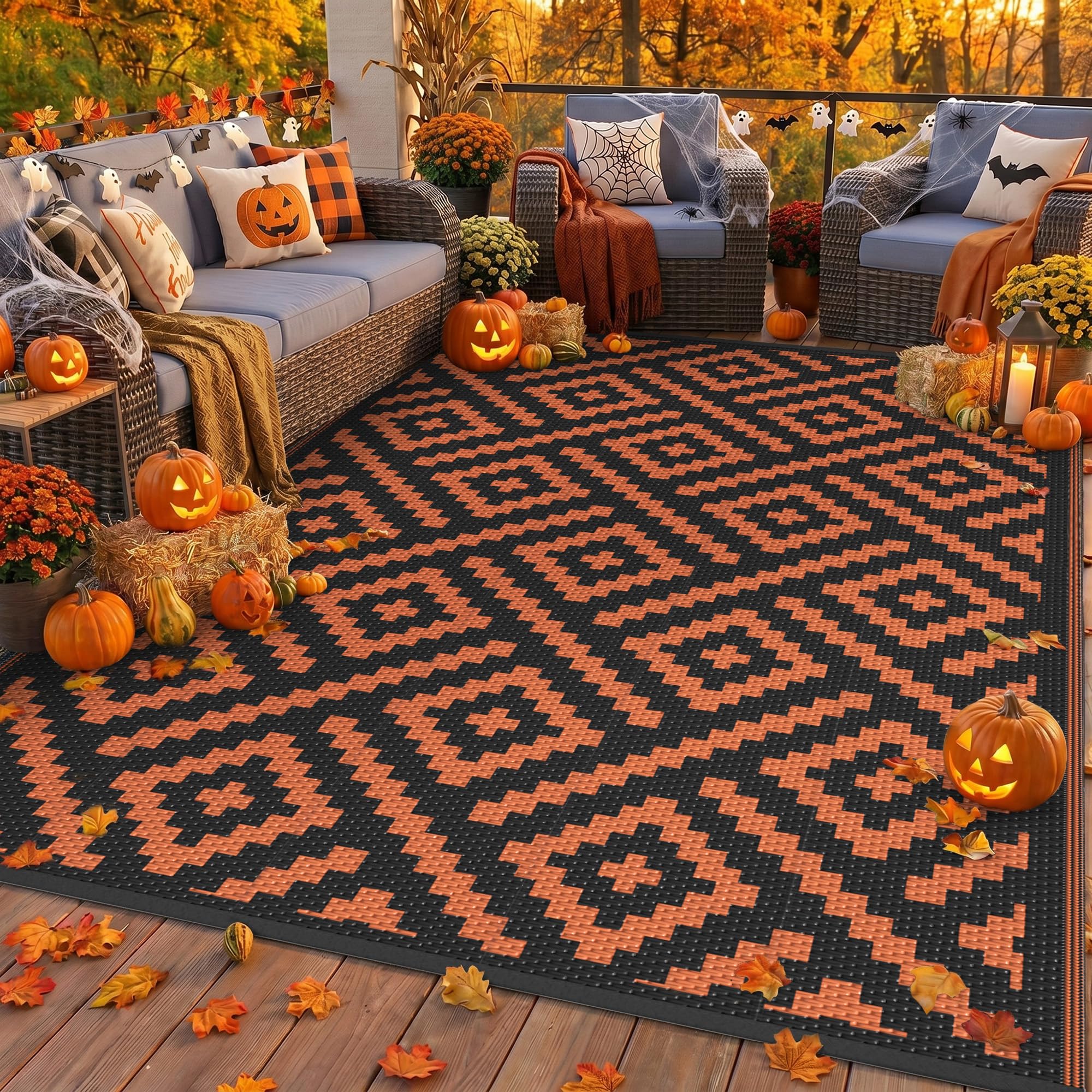 GENIMO Outdoor Rug 6'x9' Black Orange front view