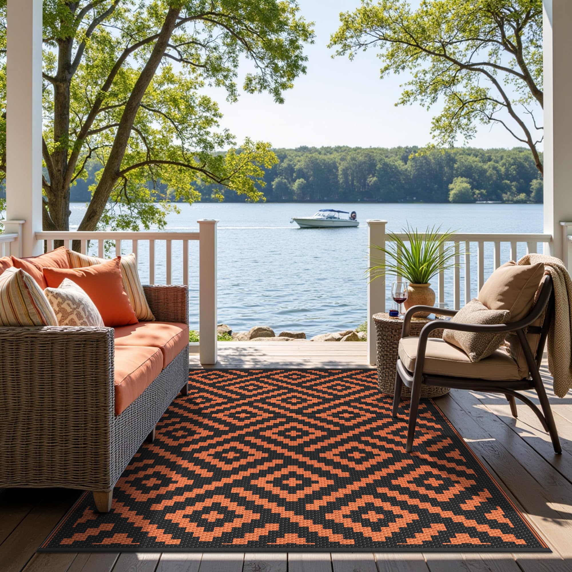 GENIMO Outdoor Rug 6'x9' Black Orange in outdoor setting