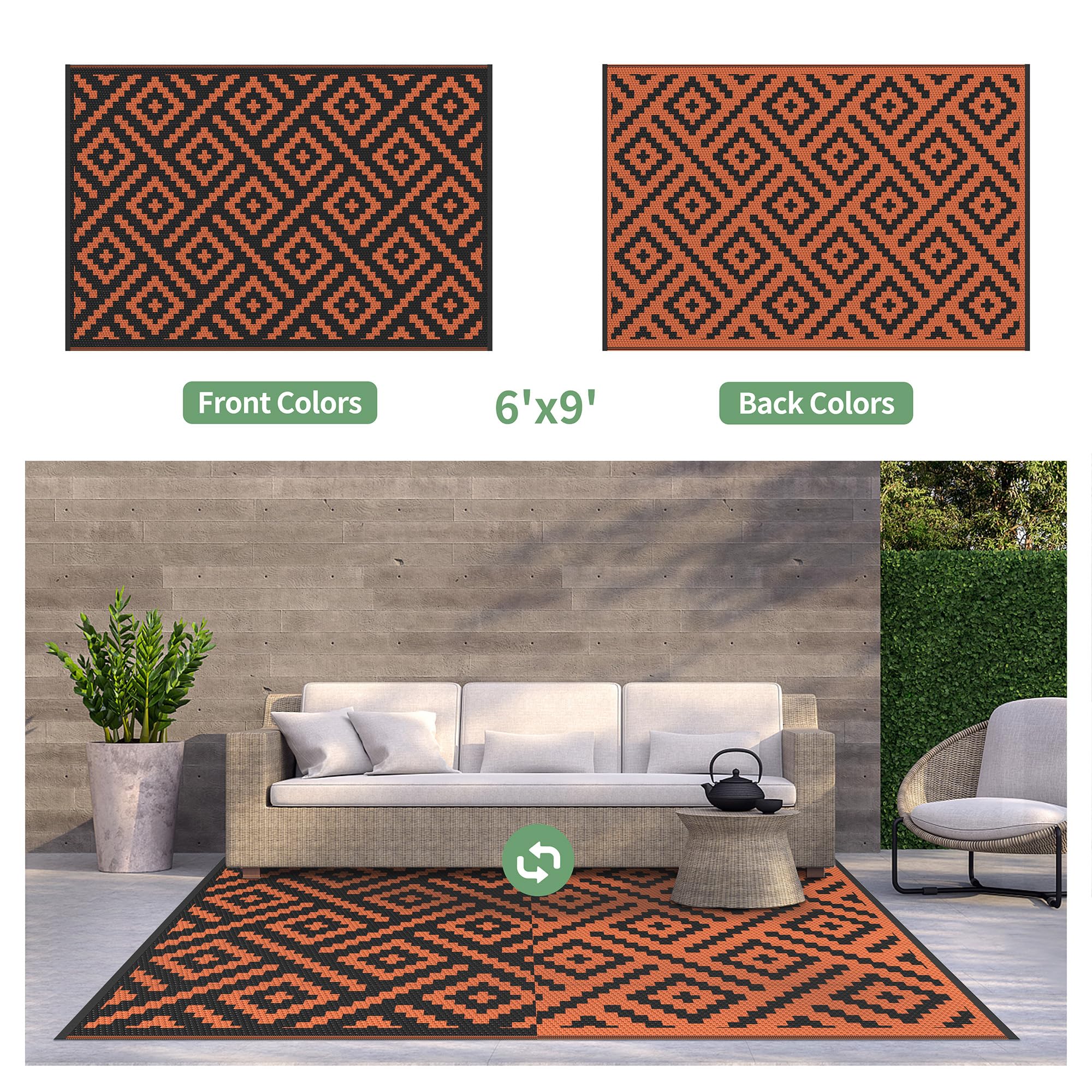 GENIMO Outdoor Rug 6'x9' Black Orange on patio
