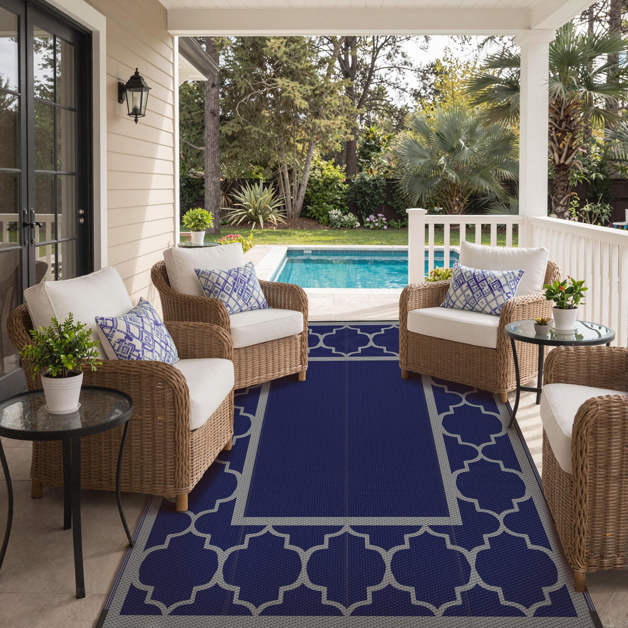 GENIMO Outdoor Rug 6'x9' blue grey with outdoor furniture